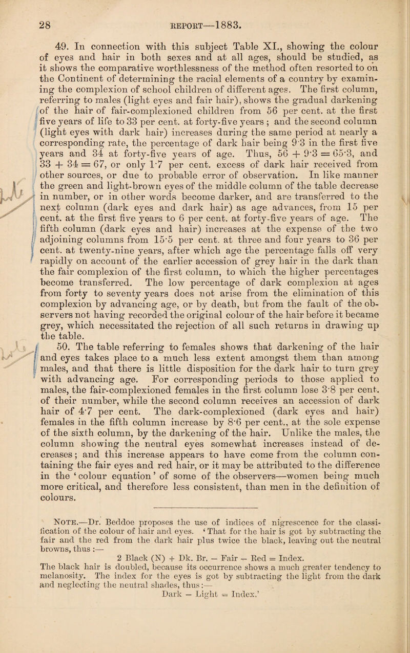 I 49. In connection with this subject Table XI., showing the colour of eyes and hair in both sexes and at all ages, should be studied, as it shows the comparative worthlessness of the method often resorted to on the Continent of determining the racial elements of a country by examin¬ ing the complexion of school children of different ages. The first column, referring to males (light eyes and fair hair), shows the gradual darkening of the hair of fair-complexioned children from 56 per cent, at the first five years of life to 33 per cent, at forty-five years ; and the second column (light eyes with dark hair) increases during the same period at nearty a corresponding rate, the percentage of dark hair being 9'3 in the first five years and 34 at forty-five years of age. Thus, 56 + 9*3 = 65'3, and 33 + 34 = 67, or only T7 per cent, excess of dark hair received from other sources, or due to probable error of observation. In like manner the green and light-brown eyes of the middle column of the table decrease in number, or in other words become darker, and are transferred to the next column (dark eyes and dark hair) as age advances, from 15 per cent, at the first five years to 6 per cent, at forty-five years of age. The fifth column (dark eyes and hair) increases at the expense of the two adjoining columns from 15'5 per cent, at three and four years to 36 per cent, at twenty-nine years, after which age the percentage falls off very rapidly on account of the earlier accession of grey hair in the dark than the fair complexion of the first column, to which the higher percentages become transferred. The low percentage of dark complexion at ages from forty to seventy years does not arise from the elimination of this complexion by advancing age, or by death, but from the fault of the ob¬ servers not having recorded the original colour of the hair before it became grey, which necessitated the rejection of all such returns in drawing up the table. 50. The table referring to females shows that darkening of the hair and eyes takes place to a much less extent amongst them than among males, and that there is little disposition for the dark hair to turn grey with advancing age. For corresponding periods to those applied to males, the fair-complexioned females in the first column lose 3'8 per cent, of their number, while the second column receives an accession of dark hair of 4-7 per cent. The dark-complexioned (dark eyes and hair) females in the fifth column increase by 8*6 per cent., at the sole expense of the sixth column, by the darkening of the hair. Unlike the males, the column showing the neutral eyes somewhat increases instead of de¬ creases ; and this increase appears to have come from the column con¬ taining the fair eyes and red hair, or it may be attributed to the difference in the ‘colour equation’ of some of the observers—women being much more critical, and therefore less consistent, than men in the definition of colours. Note.—Dr. Beddoe proposes the use of indices of nigrescence for the classi¬ fication of the colour of hair and eyes. ‘ That for the hair is got by subtracting the fair and the red from the dark hair plus twice the black, leaving out the neutral browns, thus :— 2 Black (N) + Dk. Br. — Fair — Red = Index. The black hair is doubled, because its occurrence shows a much greater tendency to melanosity. The index for the eyes is got by subtracting the light from the dark find neglecting the neutral shades, thus:— Dark — Light = Index.’