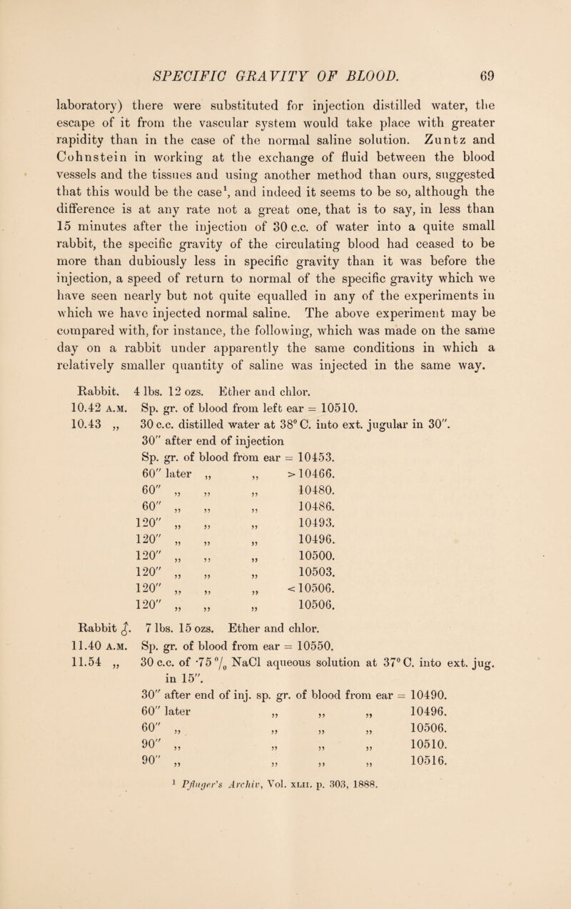 laboratory) there were substituted for injection distilled water, the escape of it from the vascular system would take place with greater rapidity than in the case of the normal saline solution. Zuntz and Cohnstein in working at the exchange of fluid between the blood vessels and the tissues and using another method than ours, suggested that this would be the case1, and indeed it seems to be so, although the difference is at any rate not a great one, that is to say, in less than 15 minutes after the injection of 30 c.c. of water into a quite small rabbit, the specific gravity of the circulating blood had ceased to be more than dubiously less in specific gravity than it was before the injection, a speed of return to normal of the specific gravity which we have seen nearly but not quite equalled in any of the experiments in which we have injected normal saline. The above experiment may be compared with, for instance, the following, which was made on the same day on a rabbit under apparently the same conditions in which a relatively smaller quantity of saline was injected in the same way. Rabbit. 4 lbs. 12 ozs. Ether and chlor. 10.42 a.m. Sp. gr. of blood from left ear — 10510. 10.43 „ 30 c.c. distilled water at 38° O. into ext. jugular in 30' 30 after end of injection Rabbit 11.40 A.M. 11.54 Sp. gr. of blood from ear = 10453. 60 later ,, >5 >10466. 60 „ „ >5 10480. 60 „ „ 55 10486. 120 „ „ 55 10493. 120 „ „ >5 10496. 120 „ „ 55 10500. 120 „ „ >5 10503. 120 5? ») 55 <10506. 120 •L“lV )) 55 10506. 7 lbs. 15 ozs. Ether and chlor. Sp. gr. of blood from ear = 10550. 30 c.c. of -75 °/ NaCl aqueous solution at 37° C. into ext, in 15. 30 after end of inj. sp. gr. of blood from ear = 10490. 60 later 55 „ 10496. 60 „ 55 55 „ 10506. 90 „ 55 55 „ 10510. 90 „ r> 55 „ 10516. 1 Pjlucje.r's Arcliiv, Vol. xlii. p. 303, 1888.