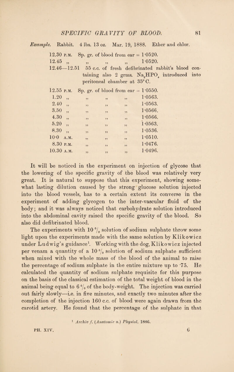 Example. Rabbit. 4 lbs. 13 oz. Mar. 19, 1888. Ether and chlor. 12.30 p.m. Sp. gr. of blood from ear = 1*0520. 12.45 „ „ „ „ 1-0520. 12.46—12.51 55 c.c. of fresh defibrinated rabbit’s blood con¬ taining also 2 grms. Na2HPOA introduced into peritoneal chamber at 35° C. 12.55 p.m. 1.20 2.40 3.50 „ 4.30 „ 5.20 „ 8.30 ,, 10-0 A.M. 8.30 p.m. 10.30 A.M. Sp. gr, of blood from ear — 1 ‘0550. 1-0563. 1-0563, 3? 55 55 55 55 55 55 55 5 5 55 55 55 55 55 55 55 55 55 55 1-0566. 1-0566. 1 0563. 1-0536. 1-0510. 1-0476. 1-0496. It will be noticed in the experiment on injection of glycose that the lowering of the specific gravity of the blood was relatively very great. It is natural to suppose that this experiment, showing some¬ what lasting dilution caused by the strong glucose solution injected into the blood vessels, has to a certain extent its converse in the experiment of adding glycogen to the inter-vascular fluid of the body; and it was always noticed that carbohydrate solution introduced into the abdominal cavity raised the specific gravity of the blood. So also did defibrinated blood. The experiments with 10 °/0 solution of sodium sulphate throw some light upon the experiments made with the same solution by Klikowicz under Ludwig’s guidance1. Working with the dog, Klikowicz injected per venam a quantity of a 10 °/o solution of sodium sulphate sufficient when mixed with the whole mass of the blood of the animal to raise the percentage of sodium sulphate in the entire mixture up to ’75. He calculated the quantity of sodium sulphate requisite for this purpose on the basis of the classical estimation of the total weight of blood in the animal being equal to 6 °/o of the body-weight. The injection was carried out fairly slowly—i.e. in five minutes, and exactly twTo minutes after the completion of the injection 160 c.c. of blood were again drawn from the carotid artery. He found that the percentage of the sulphate in that PH. XIV. 1 Arc.hiv f. (Anatomic u.) Physiol. 1886. 6