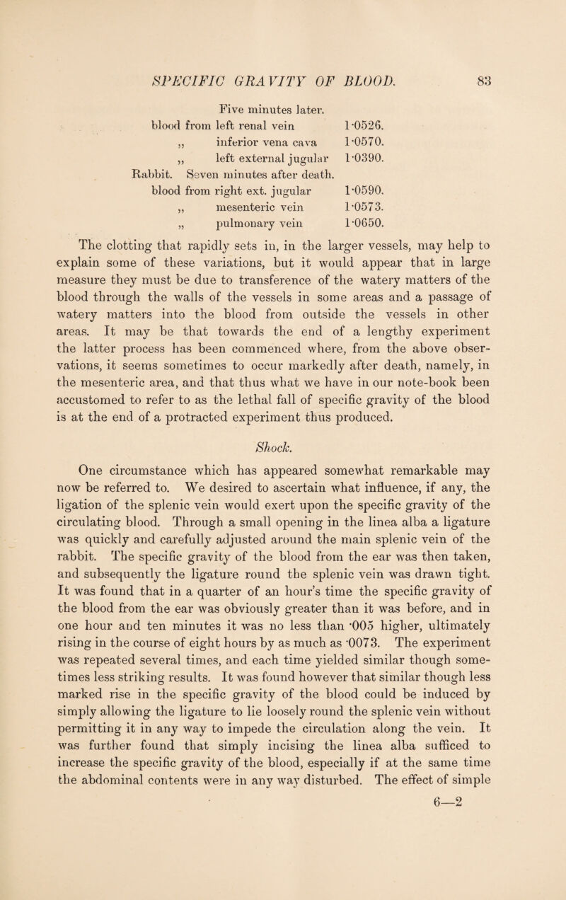Five minutes later. blood from left renal vein 1*0526. ,, inferior vena cava 1*0570. „ left external jugular 1*0390. Rabbit. Seven minutes after death. blood from right ext. jugular 1*0590. ,, mesenteric vein 1*0573. „ pulmonary vein 1*0650. The clotting that rapidly sets in, in the larger vessels, may help to explain some of these variations, but it would appear that in large measure they must be due to transference of the watery matters of the blood through the walls of the vessels in some areas and a passage of watery matters into the blood from outside the vessels in other areas. It may be that towards the end of a lengthy experiment the latter process has been commenced where, from the above obser¬ vations, it seems sometimes to occur markedly after death, namely, in the mesenteric area, and that thus what we have in our note-book been accustomed to refer to as the lethal fall of specific gravity of the blood is at the end of a protracted experiment thus produced. Shock. One circumstance which has appeared somewhat remarkable may now be referred to. We desired to ascertain what influence, if any, the ligation of the splenic vein would exert upon the specific gravity of the circulating blood. Through a small opening in the linea alba a ligature was quickly and carefully adjusted around the main splenic vein of the rabbit. The specific gravity of the blood from the ear was then taken, and subsequently the ligature round the splenic vein was drawn tight. It was found that in a quarter of an hour’s time the specific gravity of the blood from the ear was obviously greater than it was before, and in one hour and ten minutes it was no less than *005 higher, ultimately rising in the course of eight hours by as much as '0073. The experiment was repeated several times, and each time yielded similar though some¬ times less striking results. It was found however that similar though less marked rise in the specific gravity of the blood could be induced by simply allowing the ligature to lie loosely round the splenic vein without permitting it in any way to impede the circulation along the vein. It was further found that simply incising the linea alba sufficed to increase the specific gravity of the blood, especially if at the same time the abdominal contents were in any way disturbed. The effect of simple 6—2