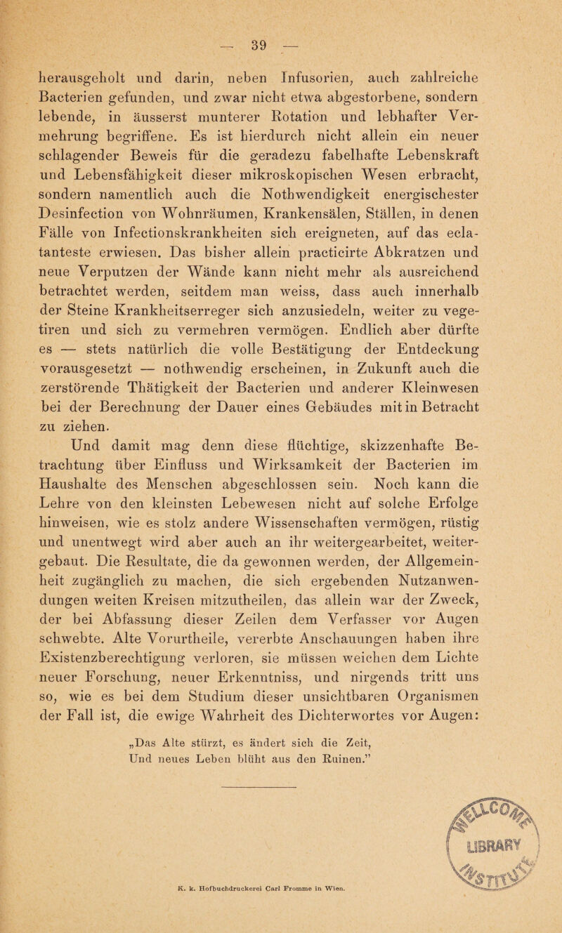 herausgeholt und darin, neben Infusorien, auch zahlreiche Bacterien gefunden, und zwar nicht etwa abgestorbene, sondern lebende, in äusserst munterer Rotation und lebhafter Ver¬ mehrung begriffene. Es ist hierdurch nicht allein ein neuer schlagender Beweis für die geradezu fabelhafte Lebenskraft und Lebensfähigkeit dieser mikroskopischen Wesen erbracht, sondern namentlich auch die Noth wendigkeit energischester Desinfection von Wohnräumen, Krankensälen, Ställen, in denen Fälle von Infectionskrankheiten sich ereigneten, auf das ecla- tanteste erwiesen. Das bisher allein practicirte Abkratzen und neue Verputzen der Wände kann nicht mehr als ausreichend betrachtet werden, seitdem man weiss, dass auch innerhalb der Steine Krankheitserreger sich anzusiedeln, weiter zu vege- tiren und sich zu vermehren vermögen. Endlich aber dürfte es — stets natürlich die volle Bestätigung der Entdeckung vorausgesetzt — nothwendig erscheinen, in Zukunft auch die zerstörende Thätigkeit der Bacterien und anderer Kleinwesen bei der Berechnung der Dauer eines Gebäudes mit in Betracht zu ziehen. Und damit mag denn diese flüchtige, skizzenhafte Be¬ trachtung über Einfluss und Wirksamkeit der Bacterien im Haushalte des Menschen abgeschlossen sein. Noch kann die Lehre von den kleinsten Lebewesen nicht auf solche Erfolge hinweisen, wie es stolz andere Wissenschaften vermögen, rüstig und unentwegt wird aber auch an ihr weitergearbeitet, weiter¬ gebaut. Die Resultate, die da gewonnen werden, der Allgemein¬ heit zugänglich zu machen, die sich ergebenden Nutzanwen¬ dungen weiten Kreisen mitzutheilen, das allein war der Zweck, der bei Abfassung dieser Zeilen dem Verfasser vor Augen schwebte. Alte Vorurtheile, vererbte Anschauungen haben ihre Existenzberechtigung verloren, sie müssen weichen dem Lichte neuer Forschung, neuer Erkenntniss, und nirgends tritt uns so, wie es bei dem Studium dieser unsichtbaren Organismen der Fall ist, die ewige Wahrheit des Dichter Wortes vor Augen: „Das Alte stürzt, es ändert sich die Zeit, Und neues Leben blüht aus den Kuinen.”