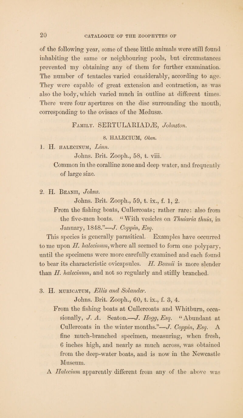 of the following year, some of these little animals were still found inhabiting the same or neighbouring pools, but circumstances prevented my obtaining any of them for further examination. The number of tentacles varied considerably, according to age. They were capable of great extension and contraction, as was also the body, which varied much in outline at different times. There were four apertures on the disc surrounding the mouth, corresponding to the ovisacs of the Medusae. Family. SERTULARIADiE, Johnston. 8. HALECIUM, Ohm. 1. H, halecinum, Linn. Johns. Brit. Zooph., 58, t. viii. Common in the coralline zone and deep water, and frequently of large size. 2. H. Beanii, Johns. Johns. Brit. Zooph., 59, t. ix., f. 1, 2. From the fishing boats, Cullercoats; rather rare: also from the five-men boats. “ With vesicles on Thuiaria thuia, in January, 1848.”—J. Coppin, Esq. This species is generally parasitical. Examples have occurred to me upon II. halecinum, where all seemed to form one polypary, until the specimens were more carefully examined and each found to bear its characteristic ovicapsules. II. Beanii is more slender than II. halecinum, and not so regularly and stiffly branched. 3. II. muricatum, Ellis and Solander. Johns. Brit. Zooph., 60, t. ix., f. 3, 4. From the fishing boats at Cullercoats and Whitburn, occa¬ sionally, J. A. Seaton.—J. Hogg, Esq. “Abundant at Cullercoats in the winter months.”—J. Coppin, Esq. A fine much-branched specimen, measuring, when fresh, 6 inches high, and nearly as much across, was obtained from the deep-water boats, and is now in the Newcastle Museum. A Halecium apparently different from any of the above was