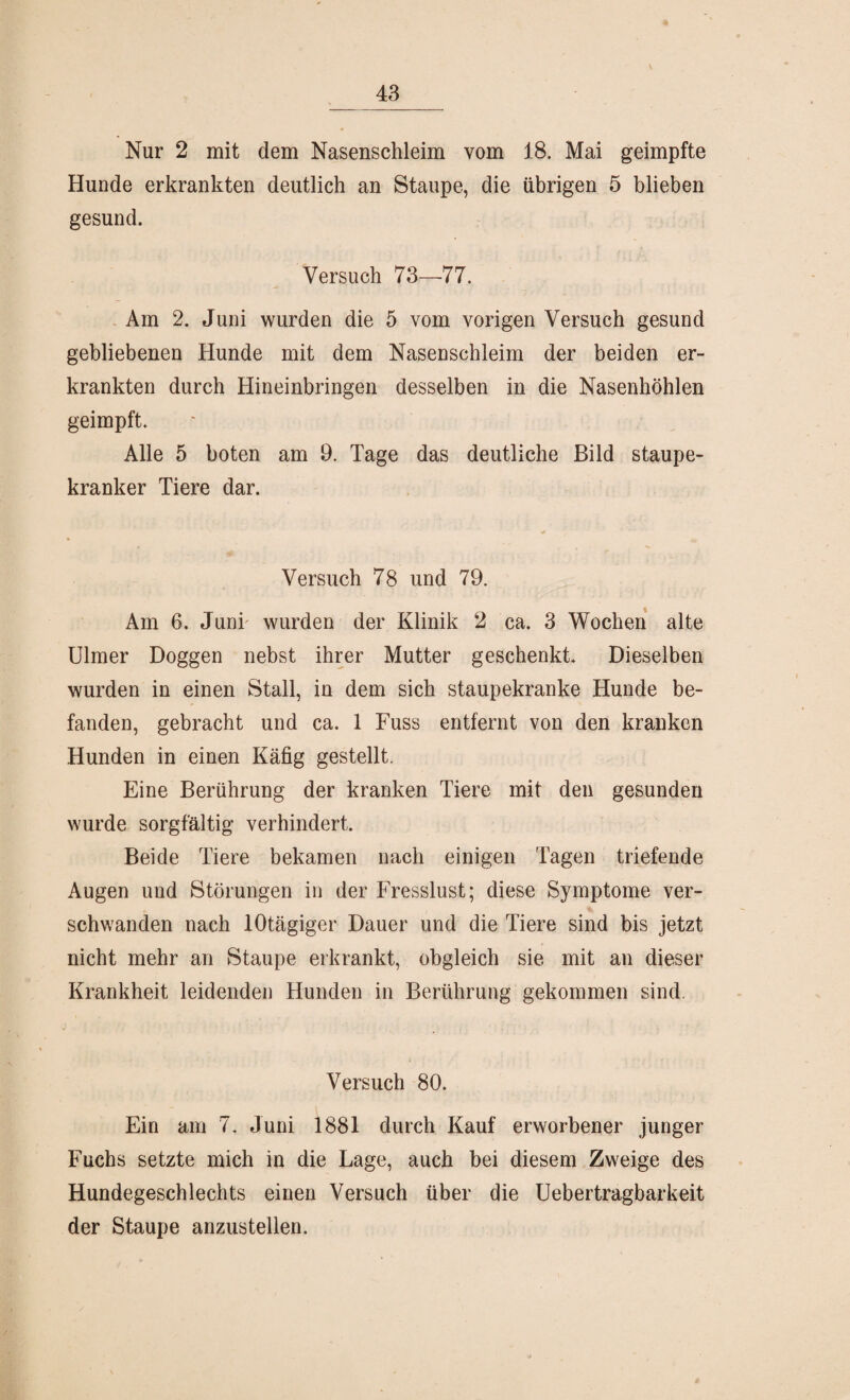 Nur 2 mit dem Nasenschleim vom 18. Mai geimpfte Hunde erkrankten deutlich an Staupe, die übrigen 5 blieben gesund. Versuch 73—-77. Am 2. Juni wurden die 5 vom vorigen Versuch gesund gebliebenen Hunde mit dem Nasenschleim der beiden er¬ krankten durch Hineinbringen desselben in die Nasenhöhlen geimpft. Alle 5 boten am 9. Tage das deutliche Bild staupe¬ kranker Tiere dar. Versuch 78 und 79. Am 6, Juni' wurden der Klinik 2 ca. 3 Wochen alte Ulmer Doggen nebst ihrer Mutter geschenkt. Dieselben wurden in einen Stall, in dem sich staupekranke Hunde be¬ fanden, gebracht und ca. 1 Fuss entfernt von den kranken Hunden in einen Käfig gestellt. Eine Berührung der kranken Tiere mit den gesunden wurde sorgfältig verhindert. Beide Tiere bekamen nach einigen Tagen triefende Augen und Störungen in der Fresslust; diese Symptome ver¬ schwanden nach lOtägiger Dauer und die Tiere sind bis jetzt nicht mehr an Staupe erkrankt, obgleich sie mit an dieser Krankheit leidenden Hunden in Berührung gekommen sind. Versuch 80. Ein am 7. Juni 1881 durch Kauf erworbener junger Fuchs setzte mich in die Lage, auch bei diesem Zweige des Hundegeschlechts einen Versuch über die Uebertragbarkeit der Staupe anzustellen.