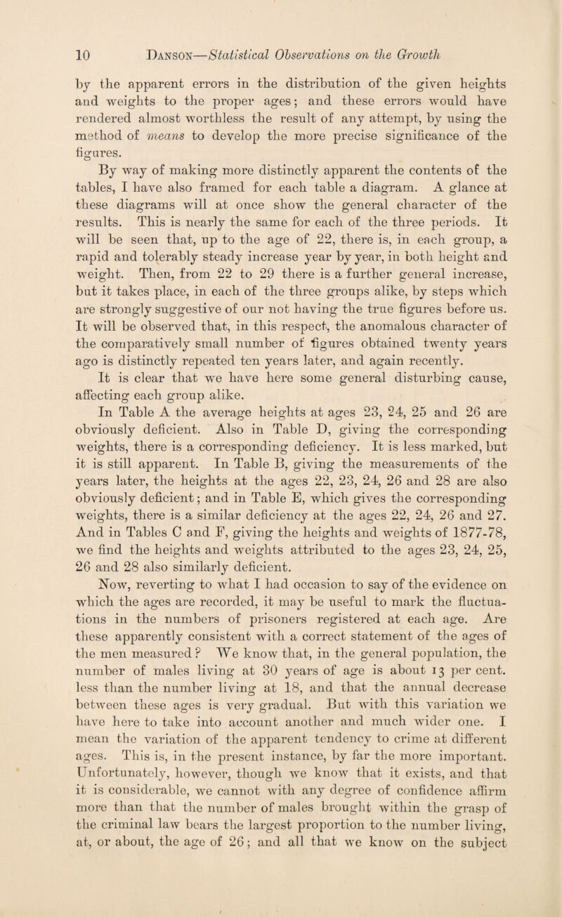 by the apparent errors in the distribution of the given heights and weights to the proper ages; and these errors would have rendered almost worthless the result of any attempt, by using the method of means to develop the more precise significance of the figures. By way of making more distinctly apparent the contents of the tables, I have also framed for each table a diagram. A glance at these diagrams will at once show the general character of the results. This is nearly the same for each of the three periods. It will be seen that, up to the age of 22, there is, in each group, a rapid and tolerably steady increase year by year, in both height and weight. Then, from 22 to 29 there is a further general increase, but it takes place, in each of the three groups alike, by steps which are strongly suggestive of our not having the true figures before us. It will be observed that, in this respect, the anomalous character of the comparatively small number of figures obtained twenty years ago is distinctly repeated ten years later, and again recently. It is clear that we have here some general disturbing cause, affecting each group alike. In Table A the average heights at ages 23, 24, 25 and 26 are obviously deficient. Also in Table D, giving the corresponding weights, there is a corresponding deficiency. It is less marked, but it is still apparent. In Table B, giving the measurements of the years later, the heights at the ages 22, 23, 24, 26 and 28 are also obviously deficient; and in Table E, which gives the corresponding weights, there is a similar deficiency at the ages 22, 24, 26 and 27. And in Tables C and E, giving the heights and weights of 1877-78, we find the heights and weights attributed to the ages 23, 24, 25, 26 and 28 also similarly deficient. How, reverting to what I had occasion to say of the evidence on which the ages are recorded, it may be useful to mark the fluctua¬ tions in the numbers of prisoners registered at each age. Are these apparently consistent with a correct statement of the ages of the men measured P We know that, in the general population, the number of males living at 30 years of age is about 13 per cent, less than the number living at 18, and that the annual decrease between these ages is very gradual. But with this variation we have here to take into account another and much wider one. I mean the variation of the apparent tendency to crime at different ages. This is, in the present instance, by far the more important. Unfortunately, however, though we know that it exists, and that it is considerable, we cannot with any degree of confidence affirm more than that the number of males brought within the grasp of the criminal law bears the largest proportion to the number living, at, or about, the age of 26; and all that we know on the subject