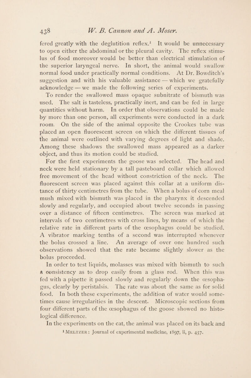 fered greatly with the deglutition reflex.1 It would be unnecessary to open either the abdominal or the pleural cavity. The reflex stimu¬ lus of food moreover would be better than electrical stimulation of the superior laryngeal nerve. In short, the animal would swallow normal food under practically normal conditions. At Dr. Bowditch’s suggestion and with his valuable assistance — which we gratefully acknowledge — we made the following series of experiments. To render the swallowed mass opaque subnitrate of bismuth was used. The salt is tasteless, practically inert, and can be fed in large quantities without harm. In order that observations could be made by more than one person, all experiments were conducted in a dark room. On the side of the animal opposite the Crookes tube was placed an open fluorescent screen on which the different tissues of the animal were outlined with varying degrees of light and shade. Among these shadows the swallowed mass appeared as a darker object, and thus its motion could be studied. For the first experiments the goose was selected. The head and neck were held stationary by a tall pasteboard collar which allowed free movement of the head without constriction of the neck. The fluorescent screen was placed against this collar at a uniform dis¬ tance of thirty centimetres from the tube. When a bolus of corn meal mush mixed with bismuth was placed in the pharynx it descended slowly and regularly, and occupied about twelve seconds in passing over a distance of fifteen centimetres. The screen was marked at intervals of two centimetres with cross lines, by means of which the relative rate in different parts of the oesophagus could be studied. A vibrator marking tenths of a second was interrupted whenever the bolus crossed a line. An average of over one hundred such observations showed that the rate became slightly slower as the bolus proceeded. In order to test liquids, molasses was mixed with bismuth to such a consistency as to drop easily from a glass rod. When this was fed with a pipette it passed slowly and regularly down the oesopha¬ gus, clearly by peristalsis. The rate was about the same as for solid food. In both these experiments, the addition of water would some¬ times cause irregularities in the descent. Microscopic sections from four different parts of the oesophagus of the goose showed no histo¬ logical difference. In the experiments on the cat, the animal was placed on its back and 1Meltzer: Journal of experimental medicine, 1897, ii, p. 457.