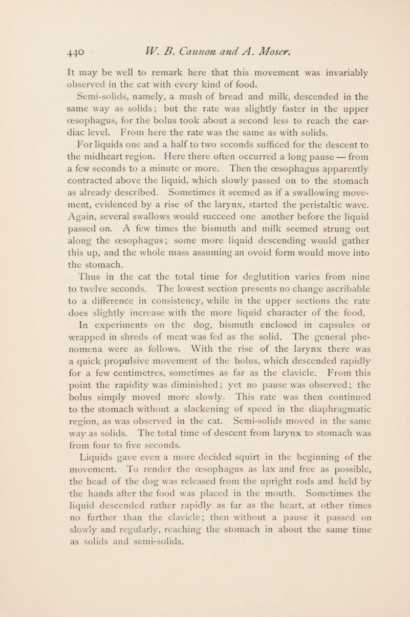 It may be well to remark here that this movement was invariably observed in the cat with every kind of food. Semi-solids, namely, a mush of bread and milk, descended in the same way as solids; but the rate was slightly faster in the upper oesophagus, for the bolus took about a second less to reach the car¬ diac level. From here the rate was the same as with solids. For liquids one and a half to two seconds sufficed for the descent to the midheart region. Flere there often occurred a long pause — from a few seconds to a minute or more. Then the oesophagus apparently contracted above the liquid, which slowly passed on to the stomach as already described. Sometimes it seemed as if a swallowing move¬ ment, evidenced by a rise of the larynx, started the peristaltic wave. Again, several swallows would succeed one another before the liquid passed on. A few times the bismuth and milk seemed strung out along the oesophagus; some more liquid descending would gather this up, and the whole mass assuming an ovoid form would move into the stomach. Thus in the cat the total time for deglutition varies from nine to twelve seconds. The lowest section presents no change ascribable to a difference in consistency, while in the upper sections the rate does slightly increase with the more liquid character of the food. In experiments on the dog, bismuth enclosed in capsules or wrapped in shreds of meat was fed as the solid. The general phe¬ nomena were as follows. With the rise of the larynx there was a quick propulsive movement of the bolus, which descended rapidly for a few centimetres, sometimes as far as the clavicle. From this point the rapidity was diminished ; yet no pause was observed ; the bolus simply moved more slowly. This rate was then continued to the stomach without a slackening of speed in the diaphragmatic region, as was observed in the cat. Semi-solids moved in the same way as solids. The total time of descent from larynx to stomach was from four to five seconds. Liquids gave even a more decided squirt in the beginning of the movement. To render the oesophagus as lax and free as possible, the head of the dog was released from the upright rods and held by the hands after the food was placed in the mouth. Sometimes the liquid descended rather rapidly as far as the heart, at other times no further than the clavicle; then without a pause it passed on slowly and regularly, reaching the stomach in about the same time as solids and semi-solids.