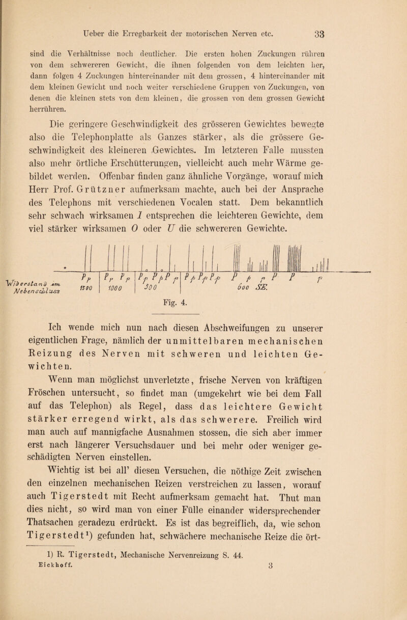 sind die Verhältnisse noch deutlicher. Die ersten hohen Zuckungen rühren von dem schwereren Gewicht, die ihnen folgenden von dem leichten her, dann folgen 4 Zuckungen hintereinander mit dem grossen, 4 hintereinander mit dem kleinen Gewicht und noch weiter verschiedene Gruppen von Zuckungen, von denen die kleinen stets von dem kleinen, die grossen von dem grossen Gewicht herrühren. Die geringere Geschwindigkeit des grösseren Gewichtes bewegte also die Telephonplatte als Ganzes stärker, als die grössere Ge¬ schwindigkeit des kleineren .Gewichtes. Im letzteren Falle mussten also mehr örtliche Erschütterungen, vielleicht auch mehr Wärme ge¬ bildet werden. Offenbar finden ganz ähnliche Vorgänge, worauf mich Herr Prof. Grützner aufmerksam machte, auch bei der Ansprache des Telephons mit verschiedenen Vocalen statt. Dem bekanntlich sehr schwach wirksamen 1 entsprechen die leichteren Gewichte, dem viel stärker wirksamen 0 oder U die schwereren Gewichte. © ' —ü Q ' 1 , [ L ! LlliLiliL III i[iJ J ... Pf, ~Wid erstand *m. AJeben Schluss P jj P f 1000 Pf Pfpf Soo P ^ Pf Pf P f> f P P f 6oo Fig. 4. Ich wende mich nun nach diesen Abschweifungen zu unserer eigentlichen Frage, nämlich der unmittelbaren mechanischen Reizung des Nerven mit schweren und leichten Ge¬ wichten. Wenn man möglichst unverletzte, frische Nerven von kräftigen Fröschen untersucht, so findet man (umgekehrt wie bei dem Fall auf das Telephon) als Regel, dass das leichtere Gewicht stärker erregend wirkt, als das schwerere. Freilich wird man auch auf mannigfache Ausnahmen stossen, die sich aber immer erst nach längerer Versuchsdauer und bei mehr oder weniger ge¬ schädigten Nerven einstellen. Wichtig ist bei all’ diesen Versuchen, die nöthige Zeit zwischen den einzelnen mechanischen Reizen verstreichen zu lassen, worauf auch Tigerstedt mit Recht aufmerksam gemacht hat. Thut man dies nicht, so wird man von einer Fülle einander widersprechender Thatsachen geradezu erdrückt. Es ist das begreiflich, da, wie schon Tigerstedt1) gefunden hat, schwächere mechanische Reize die ört- 1) R. Tigerstedt, Mechanische Nervenreizung S. 44. Eickhoff. 3