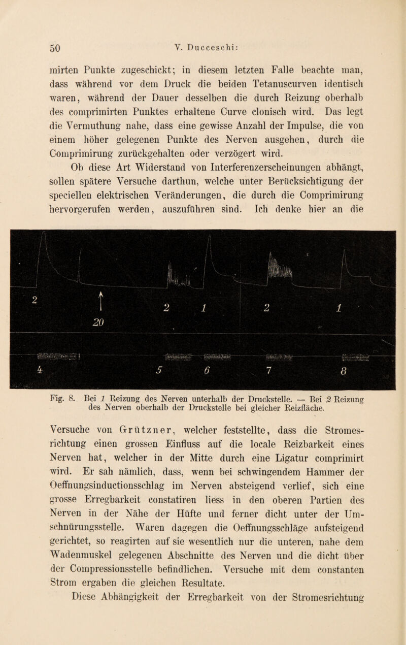 mirten Punkte zugeschickt; in diesem letzten Falle beachte man, dass während vor dem Druck die beiden Tetanuscurven identisch waren, während der Dauer desselben die durch Reizung oberhalb des comprimirten Punktes erhaltene Curve clonisch wird. Das legt die Vermuthung nahe, dass eine gewisse Anzahl der Impulse, die von einem höher gelegenen Punkte des Nerven ausgehen, durch die Comprimirung zurückgehalten oder verzögert wird. Ob diese Art Widerstand von Interferenzerscheinungen abhängt, sollen spätere Versuche darthun, welche unter Berücksichtigung der speciellen elektrischen Veränderungen, die durch die Comprimirung hervorgerufen werden, auszuführen sind. Ich denke hier an die 4 5 6 .7 8 Fig. 8. Bei 1 Reizung des Nerven unterhalb der Druckstelle. — Bei 2 Reizung des Nerven oberhalb der Druckstelle bei gleicher Reizfläche. Versuche von Grützner, welcher feststellte, dass die Stromes¬ richtung einen grossen Einfluss auf die locale Reizbarkeit eines Nerven hat, welcher in der Mitte durch eine Ligatur comprimirt wird. Er sah nämlich, dass, wenn bei schwingendem Hammer der Oeffnungsinductionsschlag im Nerven absteigend verlief, sich eine grosse Erregbarkeit constatiren liess in den oberen Partien des Nerven in der Nähe der Hüfte und ferner dicht unter der Um- schnürungsstelle. Waren dagegen die Oeffnungsschläge aufsteigend gerichtet, so reagirten auf sie wesentlich nur die unteren, nahe dem Wadenmuskel gelegenen Abschnitte des Nerven und die dicht über der Compressionsstelle befindlichen. Versuche mit dem constanten Strom ergaben die gleichen Resultate. Diese Abhängigkeit der Erregbarkeit von der Stromesrichtung