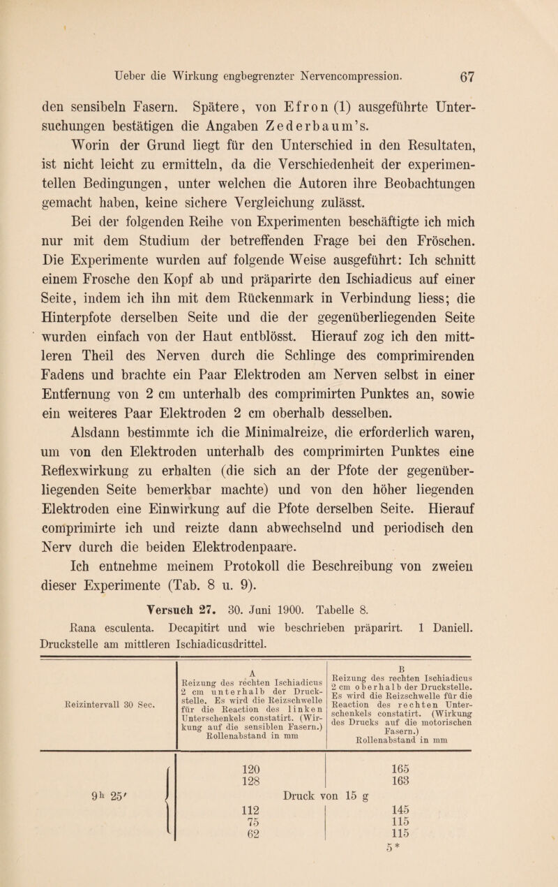 den sensibeln Fasern. Spätere, von Efron (1) ausgeführte Unter¬ suchungen bestätigen die Angaben Zederbaum’s. Worin der Grund liegt für den Unterschied in den Resultaten, ist nicht leicht zu ermitteln, da die Verschiedenheit der experimen¬ tellen Bedingungen, unter welchen die Autoren ihre Beobachtungen gemacht haben, keine sichere Vergleichung zulässt. Bei der folgenden Reihe von Experimenten beschäftigte ich mich nur mit dem Studium der betreffenden Frage bei den Fröschen. Die Experimente wurden auf folgende Weise ausgeführt: Ich schnitt einem Frosche den Kopf ab und präparirte den Ischiadicus auf einer Seite, indem ich ihn mit dem Rückenmark in Verbindung liess; die Hinterpfote derselben Seite und die der gegenüberliegenden Seite wurden einfach von der Haut entblösst. Hierauf zog ich den mitt¬ leren Theil des Nerven durch die Schlinge des comprimirenden Fadens und brachte ein Paar Elektroden am Nerven selbst in einer Entfernung von 2 cm unterhalb des comprimirten Punktes an, sowie ein weiteres Paar Elektroden 2 cm oberhalb desselben. Alsdann bestimmte ich die Minimalreize, die erforderlich waren, um von den Elektroden unterhalb des comprimirten Punktes eine Reflexwirkung zu erhalten (die sich an der Pfote der gegenüber¬ liegenden Seite bemerkbar machte) und von den höher liegenden Elektroden eine Einwirkung auf die Pfote derselben Seite. Hierauf comprimirte ich und reizte dann abwechselnd und periodisch den Nerv durch die beiden Elektrodenpaare. Ich entnehme meinem Protokoll die Beschreibung von zweien dieser Experimente (Tab. 8 u. 9). Versuch 27. 30. Juni 1900. Tabelle 8. Rana esculenta. Decapitirt und wie beschrieben präparirt. 1 Daniell. Druckstelle am mittleren Ischiadicusdrittel. Reizintervall 30 Sec. A Reizung des rechten Ischiadicus 2 cm unterhalb der Druck¬ stelle. Es wird die Reizschwelle für die Reaction des linken Unterschenkels constatirt. (Wir¬ kung auf die sensiblen Fasern.) Rollenahstand in mm B Reizung des rechten Ischiadicus 2 cm oberhalb der Druckstelle. Es wird die Reizschwelle für die Reaction des rechten Unter¬ schenkels constatirt. (Wirkung des Drucks auf die motorischen Fasern.) Rollenahstand in mm 120 165 128 163 9^ 25' Druck von 15 g 112 145 75 115 62 115 5*