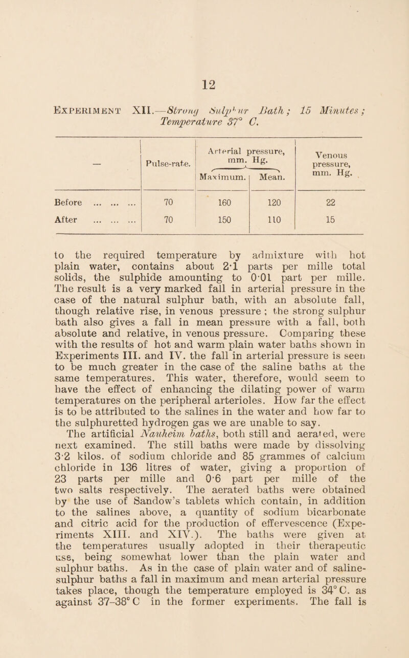 Experiment XII.—Strung Sulphur Bath; 15 Minutes; Temperature 37° C. Pulse-rate. Arterial pressure, mm. Hg. Venous pressure, Maximum. Mean. mm. Hg. Before . 70 160 120 22 After . 70 150 no 15 to the required temperature by admixture with hot plain water, contains about 2’1 parts per mille total solids, the sulphide amounting to 0 01 part per mille. The result is a very marked fall in arterial pressure in the case of the natural sulphur bath, with an absolute fall, though relative rise, in venous pressure ; the strong sulphur bath also gives a fall in mean pressure with a fall, both absolute and relative, in venous pressure. Comparing these with the results of hot and warm plain water baths shown in Experiments III. and IV. the fall in arterial pressure is seen to be much greater in the case of the saline baths at the same temperatures. This water, therefore, would seem to have the effect of enhancing the dilating power of warm temperatures on the peripheral arterioles. How far the effect is to be attributed to the salines in the water and how far to the sulphuretted hydrogen gas we are unable to say. The artificial Nauheim baths, both still and aerated, were next examined. The still baths were made by dissolving 3'2 kilos, of sodium chloride and 85 grammes of calcium chloride in 136 litres of water, giving a proportion of 23 parts per mille and 0'6 part per mille of the two salts respectively. The aerated baths were obtained by the use of Sandow’s tablets which contain, in addition to the salines above, a quantity of sodium bicarbonate and citric acid for the production of effervescence (Expe¬ riments XIII. and XIV.). The baths were given at the temperatures usually adopted in their therapeutic use, being somewhat lower than the plain water and sulphur baths. As in the case of plain water and of saline- sulphur baths a fall in maximum and mean arterial pressure takes place, though the temperature employed is 34° C. as against 37-38° C in the former experiments. The fall is