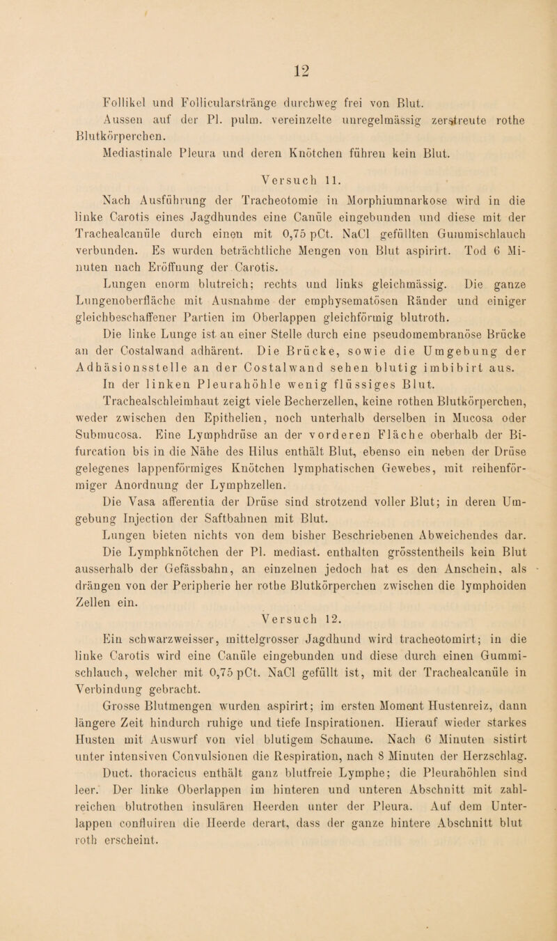 Follikel und Follicularstränge durchweg frei von Blut. Aussen auf der PI. pulm. vereinzelte unregelmässig zerstreute rothe Blutkörperchen. Mediastinale Pleura und deren Knötchen führen kein Blut. Versuch 11. Nach Ausführung der Tracheotomie in Morphiumnarkose wird in die linke Carotis eines Jagdhundes eine Caniile eingebunden und diese mit der Trachealcaniile durch einen mit 0,75 pCt. NaCl gefüllten Gummischlauch verbunden. Es wurden beträchtliche Mengen von Blut aspirirt. Tod 6 Mi¬ nuten nach Eröffnung der Carotis. Lungen enorm blutreich; rechts und links gleichmässig. Die ganze Lungenoberfläche mit Ausnahme der emphysematosen Ränder und einiger gleichbeschaffener Partien im Oberlappen gleichförmig blutroth. Die linke Lunge ist an einer Stelle durch eine pseudomembranöse Brücke an der Costalwand adhärent. Die Brücke, sowie die Umgebung der Adhäsionsstelle an der Costalwand sehen blutig imbibirt aus. In der linken Pleurahöhle wenig flüssiges Blut. Trachealschleimhaut zeigt viele Becherzellen, keine rothen Blutkörperchen, weder zwischen den Epithelien, noch unterhalb derselben in Mucosa oder Submucosa. Eine Lymphdriise an der vorderen Fläche oberhalb der Bi- fureation bis in die Nähe des Hilus enthält Blut, ebenso ein neben der Drüse gelegenes lappenförmiges Knötchen lymphatischen Gewebes, mit reihenför¬ miger Anordnung der Lymphzellen. Die Vasa afferentia der Drüse sind strotzend voller Blut; in deren Um¬ gebung Injection der Saftbahnen mit Blut. Lungen bieten nichts von dem bisher Beschriebenen Abweichendes dar. Die Lymphknötchen der PI. mediast. enthalten grösstentheils kein Blut ausserhalb der Gefässbahn, an einzelnen jedoch hat es den Anschein, als • drängen von der Peripherie her rothe Blutkörperchen zwischen die lymphoiden Zellen ein. Versuch 12. Ein schwarzweisser, mittelgrosser Jagdhund wird tracheotomirt; in die linke Carotis wird eine Caniile eingebunden und diese durch einen Gummi¬ schlauch, welcher mit 0,75 pCt. NaCl gefüllt ist, mit der Trachealcanüle in Verbindung gebracht. Grosse Blutmengen wurden aspirirt; im ersten Moment Hustenreiz, dann längere Zeit hindurch ruhige und tiefe Inspirationen. Hierauf wieder starkes Husten mit Auswurf von viel blutigem Schaume. Nach 6 Minuten sistirt unter intensiven Convulsionen die Respiration, nach 8 Minuten der Herzschlag. Duct. thoracicus enthält ganz blutfreie Lymphe; die Pleurahöhlen sind leer. Der linke Oberlappen im hinteren und unteren Abschnitt mit zahl¬ reichen blutrothen insulären Heerden unter der Pleura. Auf dem Unter¬ lappen confluiren die Heerde derart, dass der ganze hintere Abschnitt blut roth erscheint.