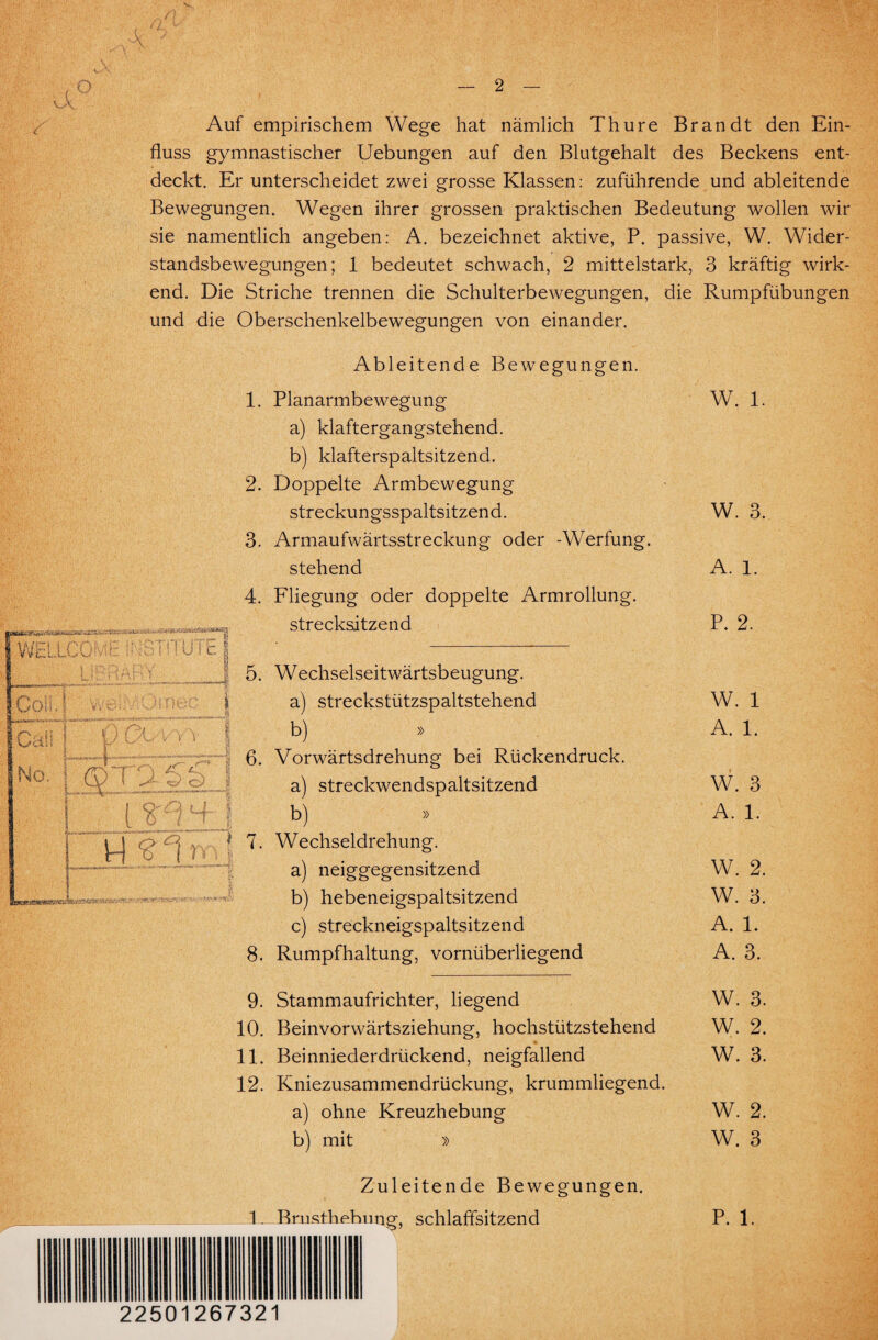 V.,' k s l Auf empirischem Wege hat nämlich Thure Brandt den Ein¬ fluss gymnastischer Uebungen auf den Blutgehalt des Beckens ent¬ deckt. Er unterscheidet zwei grosse Klassen: zuführende und ableitende Bewegungen. Wegen ihrer grossen praktischen Bedeutung wollen wir sie namentlich angeben: A. bezeichnet aktive, P. passive, W. Wider¬ standsbewegungen; 1 bedeutet schwach, 2 mittelstark, 3 kräftig wirk¬ end. Die Striche trennen die Schulterbewegungen, die Rumpfübungen und die Oberschenkelbewegungen von einander. Ableitende Bewegungen. Planarmbewegung a) klaftergangstehend. b) klafterspaltsitzend. Doppelte Armbewegung streckungsspaltsitzend. Armaufwärtsstreckung oder -Werfung. stehend Fliegung oder doppelte Armrollung, strecksitzend W echselseitwärtsbeugung. a) streckstützspaltstehend b) » Vorwärtsdrehung bei Rückendruck. a) streckwendspaltsitzend b) » Wechseldrehung. a) neiggegensitzend b) hebeneigspaltsitzend c) streckneigspaltsitzend Rumpfhaltung, vornüberliegend Stammaufrichter, liegend Beinvorwärtsziehung, hochstützstehend Beinniederdrückend, neigfallend Kniezusammendrückung, krummliegend. a) ohne Kreuzhebung b) mit » W. 1. W. 3. A. 1. P. 2. W. 1 A. 1. W. 3 A. 1. W. 2. W. 3. A. 1. A. 3. W. 3. W. 2. W. 3. W. 2. W. 3 Zuleitende Bewegungen. 1 _ Brusthebimg, schlaffsitzend P. 1. 22501267321