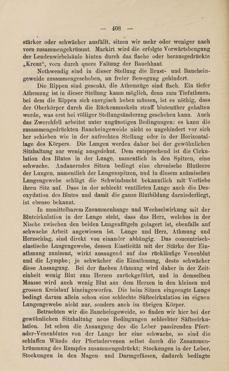 stärker oder schwächer ausfällt, sitzen wir mehr oder weniger nach vorn zusammengekrümmt. Markirt wird die erfolgte Vorwärtsbeugung der Lendenwirbelsäule hinten durch das flache oder herausgedrückte „Kreuz“, vom durch quere Faltung der Bauchhaut Nothwendig sind in dieser Stellung die Brust- und Bauchein¬ geweide zusammengeschoben, an freier Bewegung gehindert. Die Rippen sind gesenkt, die Athemzüge sind flach. Ein tiefer Athemzug ist in dieser Stellung kaum möglich, denn zum Tiefathmen, bei dem die Rippen sich energisch heben müssen,, ist es nöthig, dass der Oberkörper durch die Rückenmuskeln straff hintenüber gehalten werde, was erst bei völliger Stellungsänderung geschehen kann. Auch das Zwerchfell arbeitet unter ungünstigen Bedingungen: es kann die zusammengedrückten Baucheingeweide nicht so ungehindert vor sich her schieben wie in der aufrechten Stellung oder in der Horizontal¬ lage des Körpers. Die Lungen werden daher bei der gewöhnlichen Sitzhaltung nur wenig ausgedehnt. Dem entsprechend ist die Cirku- lation des Blutes in der Lunge, namentlich in den Spitzen, eine schwache. Andauerndes Sitzen bedingt eine chronische Blutleere der Lungen, namentlich der Lungenspitzen, und in diesem anämischen Lungengewebe schlägt die Schwindsucht bekanntlich mit Vorliebe ihren Sitz auf. Dass in der schlecht ventilirten Lunge auch die Des¬ oxydation des Blutes und damit die ganze Blutbildung darniederliegt, ist ebenso bekannt. In unmittelbarem Zusammenhänge und Wechselwirkung mit der Blutcirkulation in der Lunge steht, dass das Herz, welches in der Nische zwischen den beiden Lungenflügeln gelagert ist, ebenfalls auf schwache Arbeit angewiesen ist. Lunge und Herz, Athmung und Herzschlag, sind direkt von einander abhängig. Das concentrisch- elastische Lungengewebe, dessen Elasticität mit der Stärke der Ein- athmung zunimmt, wirkt ansaugend auf das rückläufige Venenblut und die Lymphe; je schwächer die Einathmung, desto schwächer diese Ansaugung. Bei der flachen Athmung wird daher in der Zeit¬ einheit wenig Blut zum Herzen zurückgeführt, und in demselben Maasse wird auch wenig Blut aus dem Herzen in den kleinen und grossen Kreislauf hineingeworfen. Die beim Sitzen eingeengte Lunge bedingt darum allein schon eine schlechte Säftecirkulation im eignen Lungengewebe nicht nur, sondern auch im übrigen Körper. Betrachten wir die Baucheingeweide, so finden wir hier bei der gewöhnlichen Sitzhaltuhg neue Bedingungen schlechter Säftecirku¬ lation. Ist schon die Ansaugung des die Leber passirenden Pfort¬ ader-Venenblutes von der Lunge her eine schwache, so sind die schlaffen Wände der Pfortadervenen selbst durch die Zusammen¬ krümmung des Rumpfes zusammengedrückt; Stockungen in der Leber, Stockungen in den Magen- und Darmgefässen, dadurch bedingte