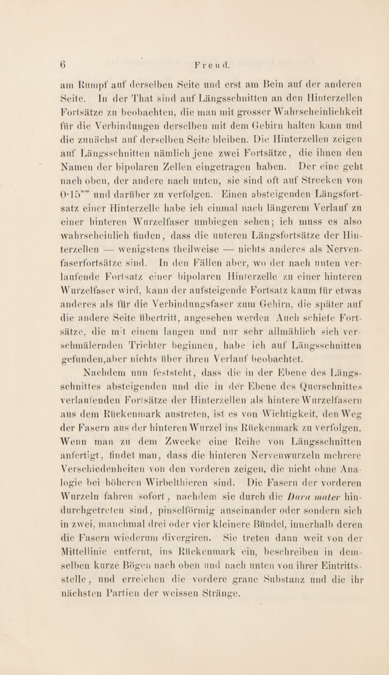 am Rumpf auf derselben Seite und erst am Bein auf der anderen Seite. In der That sind auf Längsschnitten an den Hinterzellen Fortsätze zu beobachten, die man mit grosser Wahrscheinlichkeit für die Verbindungen derselben mit dem Gehirn halten kann und die zunächst auf derselben Seite bleiben. Die Hinterzellen zeigen auf Längsschnitten nämlich jene zwei Fortsätze, die ihnen den Namen der bipolaren Zellen eingetragen haben. Der eine geht nach oben, der andere nach unten, sie sind oft auf Strecken von 0*15“m und darüber zu verfolgen. Einen absteigenden Längsfort¬ satz einer Hinterzelle habe ich einmal nach längerem Verlauf zu einer hinteren Wurzelfaser umbiegen sehen; ich muss es also wahrscheinlich linden, dass die unteren Längsfortsätze der Hin¬ terzellen — wenigstens theilweise — nichts anderes als Nerven¬ faserfortsätze sind. In den Fällen aber, wo der nach unten ver¬ laufende Fortsatz einer bipolaren Hinterzelle zu einer hinteren Wurzelfaser wird, kann der aufsteigende Fortsatz kaum für etwas anderes als für die Verbindungsfaser zum Gehirn, die später auf die andere Seite Übertritt, angesehen werden Auch schiefe Fort¬ sätze, die mit einem langen und nur sehr allmählich sich ver- schmälernden Trichter beginnen, habe ich auf Längsschnitten gefunden,aber nichts über ihren Verlauf beobachtet. Nachdem nun feststeht, dass die in der Ebene des Längs¬ schnittes absteigenden und die in der Ebene des Querschnittes verlaufenden Fortsätze der Hinterzellen als hintere Wurzelfasern aus dem Rückenmark austreten, ist es von Wichtigkeit, den Weg der Fasern aus der hinteren Wurzel ins Rückenmark zu verfolgen. Wenn man zu dem Zwecke eine Reihe von Längsschnitten anfertigt, findet man, dass die hinteren Nervenwurzeln mehrere Verschiedenheiten von den vorderen zeigen, die nicht ohne Ana¬ logie bei höheren Wirbelthieren sind. Die Fasern der vorderen Wurzeln fahren sofort, nachdem sie durch die Dura mater hin¬ durchgetreten sind, pinselförmig auseinander oder sondern sich in zwei, manchmal drei oder vier kleinere Bündel, innerhalb deren die Fasern wiederum divergiren. Sie treten dann weit von der Mittellinie entfernt, ins Rückenmark ein, beschreiben in dem¬ selben kurze Bögen nach oben und nach unten von ihrer Eintritts¬ stelle , und erreichen die vordere graue Substanz und die ihr nächsten Partien der weissen Stränge.