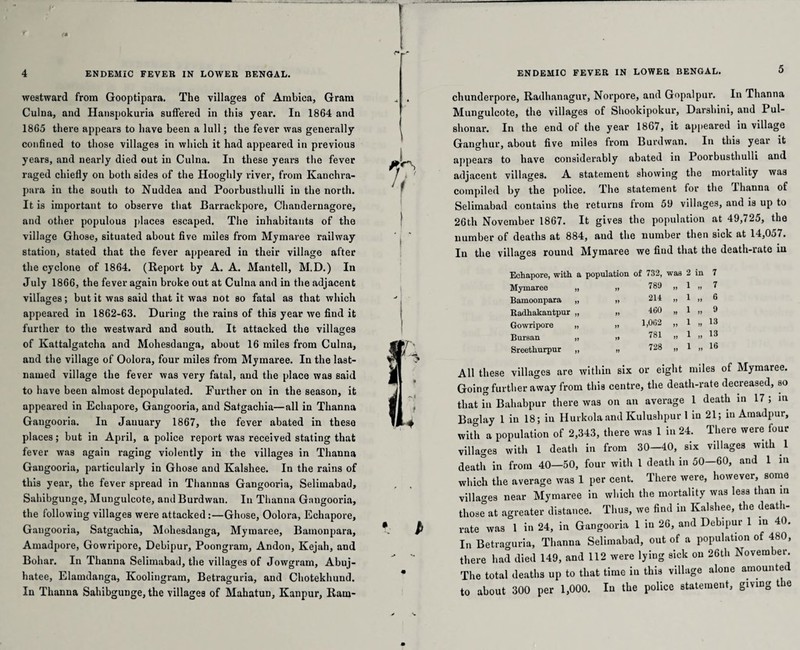 westward from Gooptipara. The villages of Ambica, Gram Culna, and Hanspokuria suffered in this year. In 1864 and 1865 there appears to have been a lull; the fever was generally confined to those villages in which it had appeared in previous years, and nearly died out in Culna. In these years the fever raged chiefly on both sides of the Hooghly river, from Kauchra- para in the south to Nuddea and Poorbusthulli iu the north. It is important to observe that Barrackpore, Chaudernagore, and other populous places escaped. The inhabitants of the village Ghose, situated about five miles from Mymaree railway station, stated that the fever appeared in their village after the cyclone of 1864. (Report by A. A. Man tell, M.D.) In July 1866, the fever again broke out at Culna and in the adjacent villages; but it was said that it was not so fatal as that which appeared in 1862-63. During the rains of this year we find it further to the westward and south. It attacked the villages of Kattalgatcha and Mohesdanga, about 16 miles from Culna, and the village of Oolora, four miles from Mymaree. In the last- named village the fever was very fatal, and the place was said to have been almost depopulated. Further on in the season, it appeared in Echapore, Gangooria, and Satgachia—all in Thanna Gangooria. Iu January 1867, the fever abated in these places; but in April, a police report was received stating that fever was again raging violently in the villages in Thanna Gangooria, particularly in Ghose and Kalshee. In the rains of this year, the fever spread in Thannas Gangooria, Selimabad, Sahibgunge, Mungulcote, and Burdwan. In Thanna Gangooria, the following villages were attacked :—Ghose, Oolora, Echapore, Gangooria, Satgachia, Mohesdauga, Mymaree, Bamoupara, Amadpore, Gowripore, Debipur, Poongram, Andon, Kejah, and Bohar. In Thanna Selimabad, the villages of Jowgram, Abuj- hatee, Elamdanga, Koolingram, Betraguria, and Chotekhund. In Thanna Sahibgunge, the villages of Mahatun, Kanpur, Rarn- * l 5 chunderpore, Radhanagur, Norpore, and Gopalpur. In Thanna Mungulcote, the villages of Shookipokur, Darshini, and Pul- shonar. In the end of the year 1867, it appeared in village Ganghur, about five miles from Burdwan. In this year it appears to have considerably abated in Poorbusthulli and adjacent villages. A statement showing the mortality was compiled by the police. The statement for the Ihanna of Selimabad contains the returns from 59 villages, and is up to 26th November 1867. It gives the population at 49,725, the number of deaths at 884, and the number then sick at 14,057. Iu the villages round Mymaree we fiud that the death-rate iu Echapore, with a population of 732, was 2 in 7 Mymaree „ 11 789 a 1 ii 7 Bamoonpara „ » 214 a 1 ii 6 Radhakantpur „ 11 460 v 1 a 9 Gowripore „ 11 1,062 a 1 » 13 Bursan ,, if 781 a 1 ii 13 Sreethurpur „ 1) 728 if 1 ii 16 All these villages are within six or eight miles of Mymaree. Going further away from this centre, the death-rate decreased, so that iii Bahabpur there was on an average 1 death in 17 ; m Baglay 1 iu 18; iu Hurkola and Kulushpur 1 iu 21; in Amadpur, with a population of 2,343, there was 1 in 24. There were four villages with 1 death in from 30—40, six villages with 1 death in from 40—50, four with l death in 50—60, and 1 in which the average was 1 per cent. There were, however, some villages near Mymaree in which the mortality was less than in those at agreater distance. Thus, we find in Kalshee, the death- rate was 1 in 24, in Gangooria 1 iu 26, and Debipur 1 in 40. In Betraguria, Thanna Selimabad, out of a population of 480, there had died 149, and 112 were lying sick on 26th November. The total deaths up to that time iu this village alone amounted to about 300 per 1,000. In the police statement, giving the