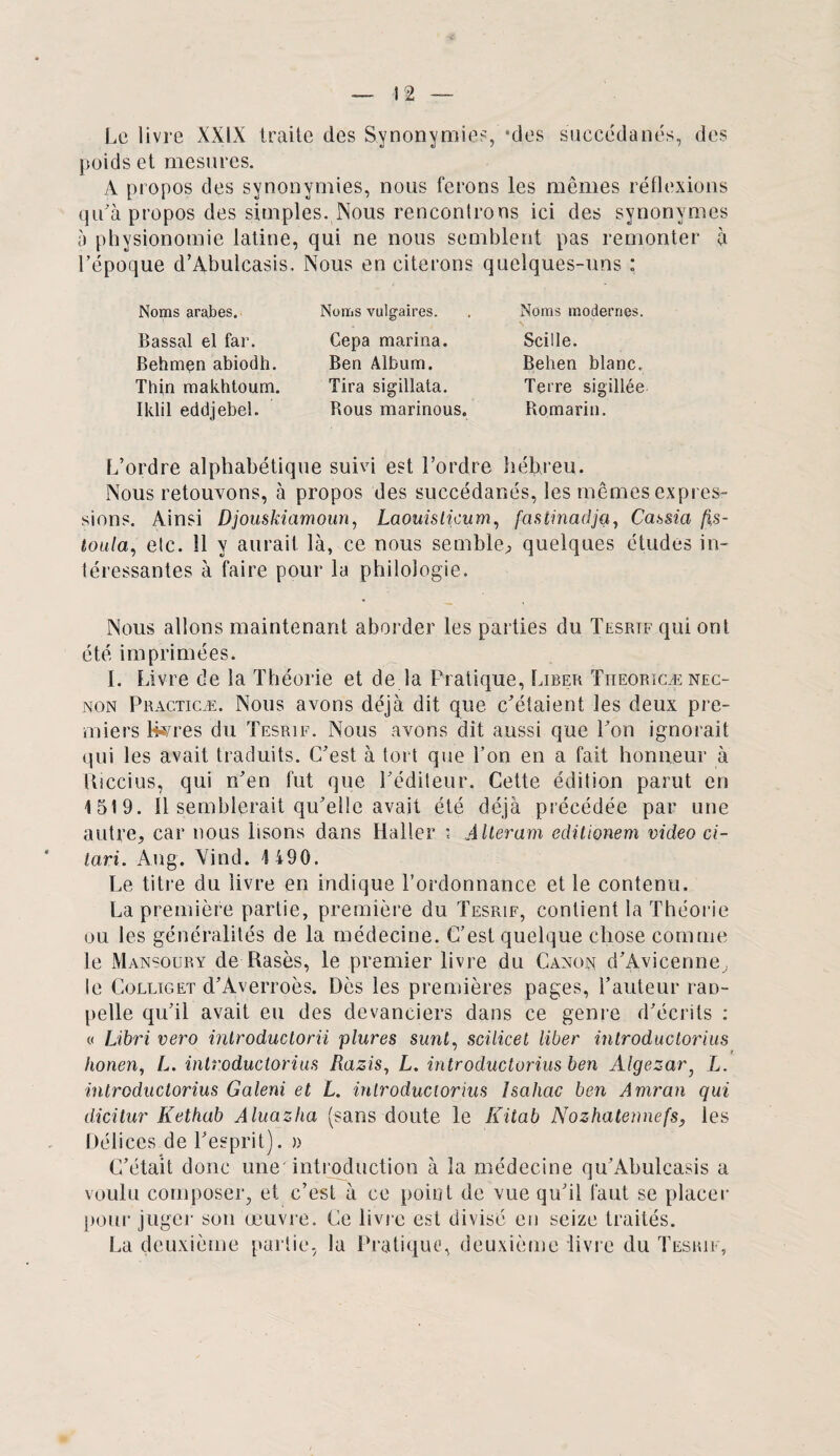 Le livre XXIX traite des Synonymies, *des succédanés, des poids et mesures. A propos des synonymies, nous ferons les mêmes réflexions qu'à propos des simples. Nous rencontrons ici des synonymes à physionomie latine, qui ne nous semblent pas remonter à l’époque d’Abulcasis. Nous en citerons quelques-uns : Noms arabes. Bassal et far. Behmçn abiodh. Thin raakhtoum. Iklil eddjebel. Noms vulgaires. Cepa marina. Ben Album. Tira sigillata. Rous marinous. Noms modernes. Scille. Behen blanc. Terre sigillée Romarin. L’ordre alphabétique suivi est l’ordre hébreu. Nous retouvons, à propos des succédanés, les mêmes expres¬ sions. Ainsi Djouskiamoun, Laouislicum, fastinadjq, Cassia /Ls- loula, elc. 11 y aurait là, ce nous semble., quelques études in¬ téressantes à faire pour la philologie. Nous allons maintenant aborder les parties du Tesrtf qui ont été imprimées. I. Livre de la Théorie et de la Pratique, Liber Tiieobicæ nec- non Practicæ. Nous avons déjà dit que c’étaient les deux pre¬ miers 14s/res du Tesrif. Nous avons dit aussi que l’on ignorait qui les avait traduits. C’est à tort que l’on en a fait honneur à Riccius, qui n’en fut que l’éditeur. Cette édition parut en 1519. 11 semblerait qu’elle avait été déjà précédée par une autre, car nous lisons dans Haller ; Alteram editionem video ci- tari. Aug. Yind. 4 490. Le titre du livre en indique l’ordonnance et le contenu. La première partie, première du Tesrif, contient la Théorie ou les généralités de la médecine. C’est quelque chose comme le Mansoury de Rasés, le premier livre du Canon d’Avicenne, le Colliget d’Averroès. Dès les premières pages, l’auteur raD- pelle qu’il avait eu des devanciers dans ce genre d’écrits : « Libri vero inlroductorii plures sunt, scilicel liber mtroductorius r lionen, L. inlroductorius Razis, L. introductorius ben Algezar, L. inlroduclorius Galeni et L. inlroduclorius Isahac ben Amran qui dicitur Kethab Aluazha (sans doute le Kitab Nozhatennefs, les Délices de l’esprit). » C’était donc une introduction à la médecine qu’Abulcasis a voulu composer, et c’est à ce point de vue qu’il faut se placer pour juger son œuvre. Ce livre est divisé en seize traités. La deuxième partie, la Pratique, deuxième livre du Tesrif,