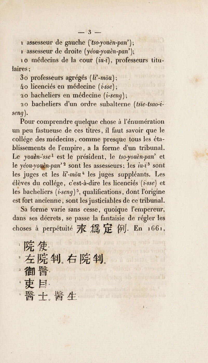 î assesseur de gauche ('tso-youèn-pan); 1 assesseur de droite (yéoa-youèn-pan); îo médecins de la cour (iu-i), professeurs titu¬ laires ; 3o professeurs agrégés ( li-môa); 4o licenciés en médecine (i-sse); 20 bacheliers en médecine (i-seng); 20 bacheliers d’un ordre subalterne (tsie-tsao-i- seng). Pour comprendre quelque chose à rénumération un peu fastueuse de ces titres, il faut savoir que le collège des médecins, comme presque tous les éta¬ blissements de l’empire, a la forme d’un tribunal. Le yonèn-sse1 est le président, le tso-youèn-pan et le yéou-youèn-pan32 sont les assesseurs; les iu-i3 sont les juges et les lï-môuk les juges suppléants. Les élèves du collège, c’est-à-dire les licenciés (i-sse) et les bacheliers (i-seng)5, qualifications, dont l’origine est fort ancienne, sont les justiciables de ce tribunal. Sa forme varie sans cesse, quoique l’empereur, dans ses décrets, se passe la fantaisie de régler les choses à perpétuité %%% PI- En 1661, ‘ fê /j(£- ■ & Bê «. 6 Bë ■