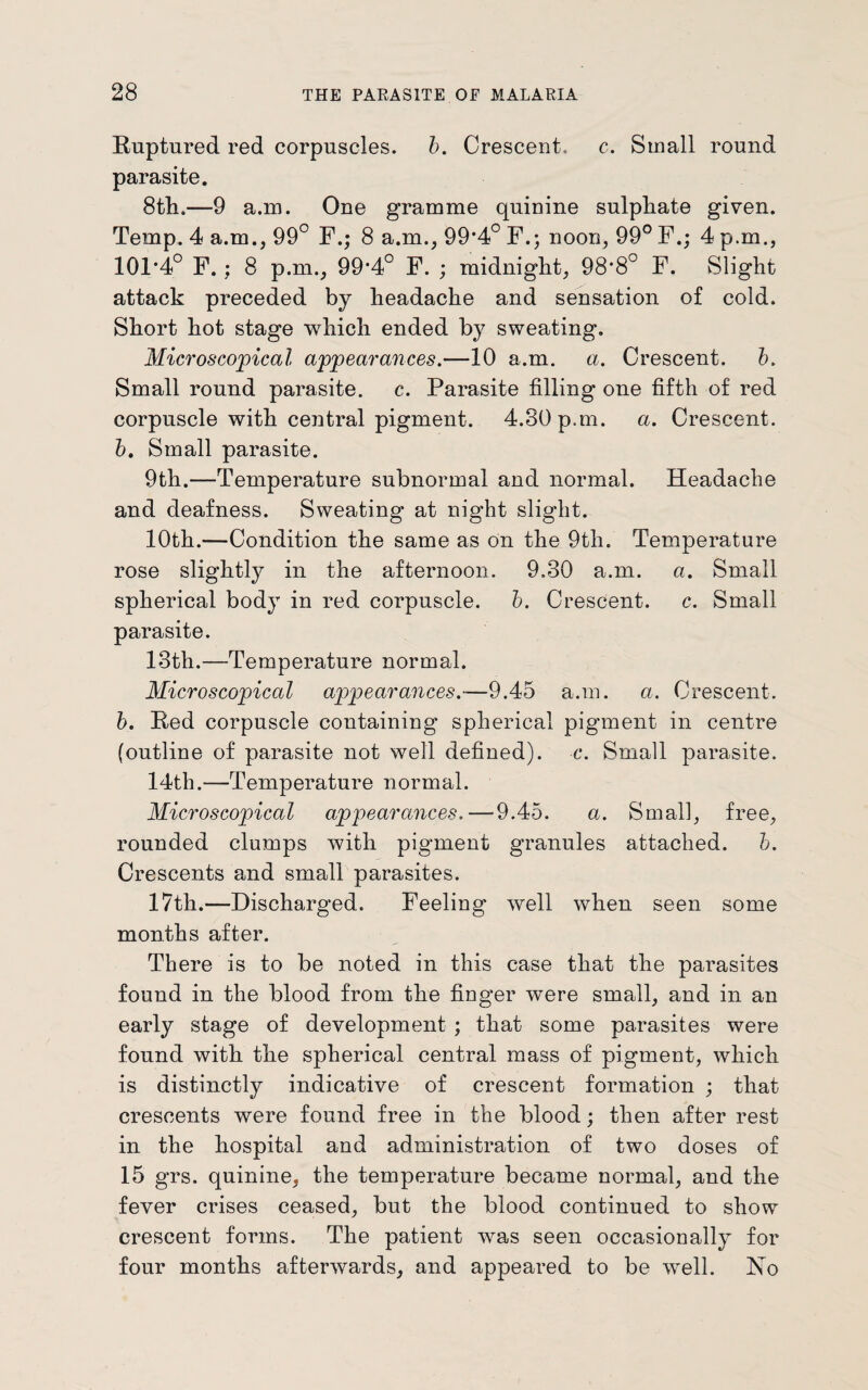 Ruptured red corpuscles, b. Crescent, c. Small round parasite. 8th.—9 a.m. One gramme quinine sulphate given. Temp. 4 a.m., 99° F.; 8 a.m., 99*4° F.; noon, 99° F.; 4 p.m., 101*4° F. ; 8 p.m., 99*4° F. ; midnight, 98*8° F. Slight attack preceded by headache and sensation of cold. Short hot stage which ended by sweating. Microscopical appearances.—10 a.m. a. Crescent, b. Small round parasite, c. Parasite filling one fifth of red corpuscle with central pigment. 4.80 p.m. a. Crescent. b. Small parasite. 9th.—Temperature subnormal and normal. Headache and deafness. Sweating at night slight. 10th.—Condition the same as on the 9th. Temperature rose slightly in the afternoon. 9.30 a.m. a. Small spherical body in red corpuscle, b. Crescent, c. Small parasite. 13th.—Temperature normal. Microscopical appearances.—9.45 a.m. a. Crescent. b. Red corpuscle containing spherical pigment in centre (outline of parasite not well defined), c. Small parasite. 14th.—Temperature normal. Microscopical appearances.—’9.45. a. Small, free, rounded clumps with pigment granules attached, b. Crescents and small parasites. 17th.—Discharged. Feeling well when seen some months after. There is to be noted in this case that the parasites found in the blood from the finger were small, and in an early stage of development ; that some parasites were found with the spherical central mass of pigment, which is distinctly indicative of crescent formation ; that crescents were found free in the blood; then after rest in the hospital and administration of two doses of 15 grs. quinine, the temperature became normal, and the fever crises ceased, but the blood continued to show crescent forms. The patient was seen occasionally for four months afterwards, and appeared to be well. Ho