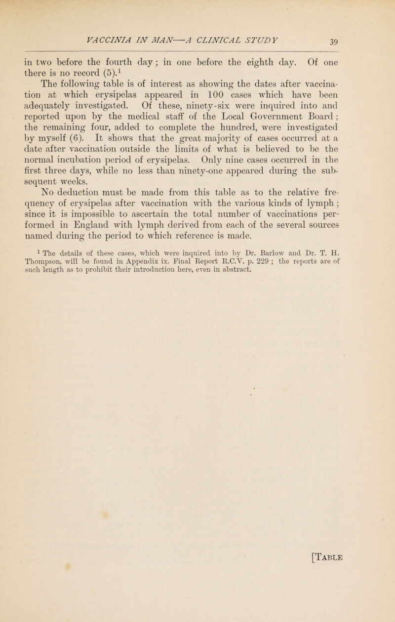 in two before the fourth day; in one before the eighth day. Of one there is no record (5).1 The following table is of interest as showing the dates after vaccina¬ tion at which erysipelas appeared in 100 cases which have been adequately investigated. Of these, ninety-six were inquired into and reported upon by the medical staff of the Local Government Board ; the remaining four, added to complete the hundred, were investigated by myself (6). It shows that the great majority of cases occurred at a date after vaccination outside the limits of what is believed to be the normal incubation period of erysipelas. Only nine cases occurred in the first three days, while no less than ninety-one appeared during the sub¬ sequent weeks. No deduction must be made from this table as to the relative fre¬ quency of erysipelas after vaccination with the various kinds of lymph; since it is impossible to ascertain the total number of vaccinations per¬ formed in England with lymph derived from each of the several sources named during the period to which reference is made. 1 The details of these cases, which were inquired into by Dr. Barlow and Dr. T. H. Thompson, will be found in Appendix ix. Final Report R.C.V. p. 229 ; the reports are of such length as to prohibit their introduction here, even in abstract. [Table