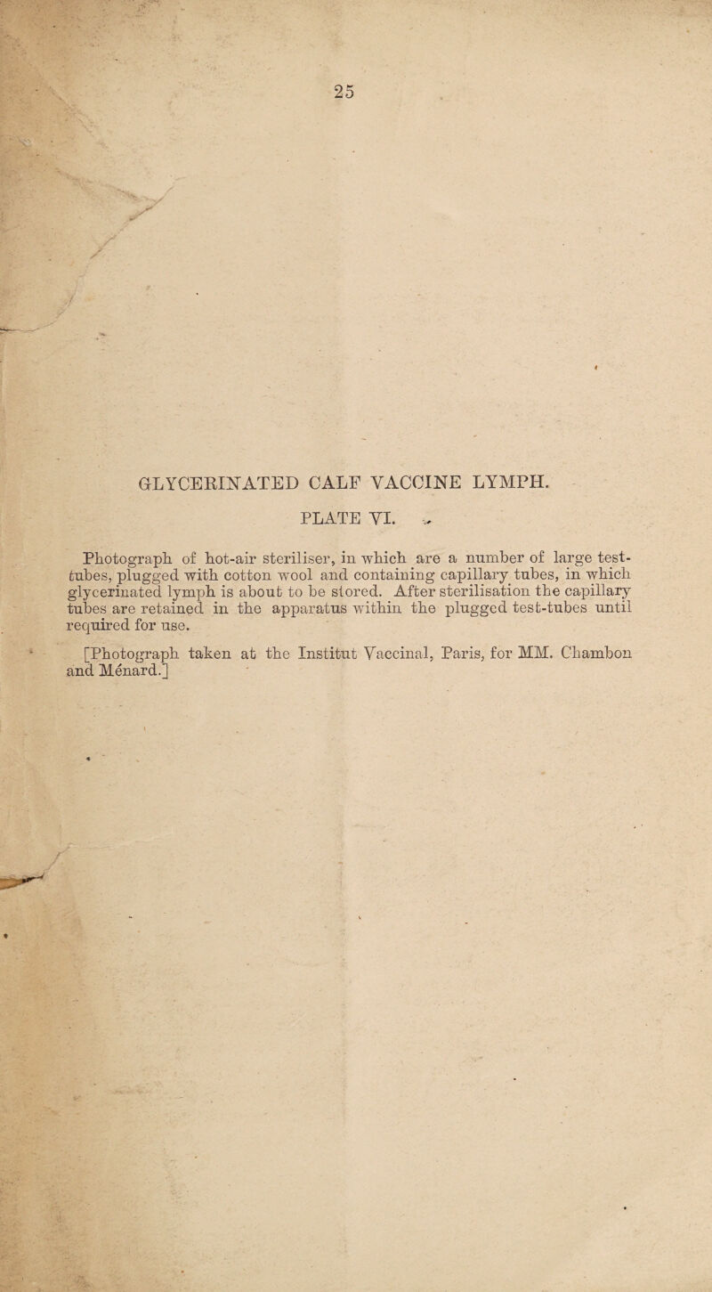 PLATE VI. , Photograph, of hot-air steriliser, in which are a number of large test- tubes, plugged with cotton wool and containing capillary tubes, in which glycerinated lymph is about to be stored. After sterilisation the capillary tubes are retained in the apparatus within the plugged test-tubes until required for use. [Photograph taken at the Institut Vaccinal, Paris, for MM. Chambon and Menard.]