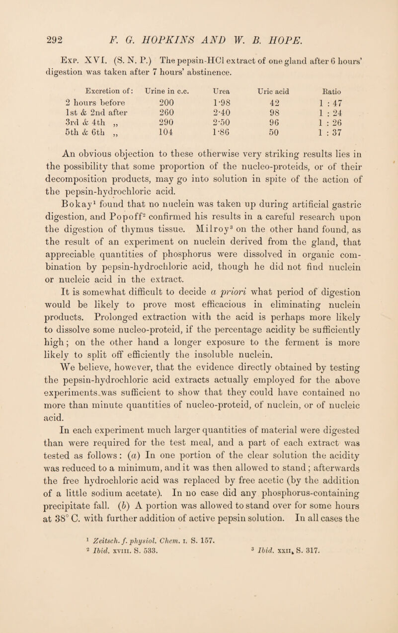 Exp. XVI. (S. N. P.) The pepsin-HCl extract of one gland after 6 hours’ digestion was taken after 7 hours’ abstinence. Excretion of: Urine in c.c. Urea Uric acid Ratio 2 hours before 200 1-98 42 1 : 47 1st & 2nd after 260 2-40 98 1 : 24 3rd & 4th ,, 290 2-50 96 1 : 26 5th &l 6th ,, 104 1-86 50 1 : 37 An obvious objection to these otherwise very striking results lies in the possibility that some proportion of the nucleo-proteids, or of their decomposition products, may go into solution in spite of the action of the pepsin-hydrochloric acid. Bokay1 found that no nuclein was taken up during artificial gastric digestion, and Pop off2 confirmed his results in a careful research upon the digestion of thymus tissue. Milroy3 on the other hand found, as the result of an experiment on nuclein derived from the gland, that appreciable quantities of phosphorus were dissolved in organic com¬ bination by pepsin-hydrochloric acid, though he did not find nuclein or nucleic acid in the extract. It is somewhat difficult to decide a priori what period of digestion would be likely to prove most efficacious in eliminating nuclein products. Prolonged extraction with the acid is perhaps more likely to dissolve some nucleo-proteid, if the percentage acidity be sufficiently high; on the other hand a longer exposure to the ferment is more likely to split off efficiently the insoluble nuclein. We believe, however, that the evidence directly obtained by testing the pepsin-hydrochloric acid extracts actually employed for the above experiments.was sufficient to show that they could have contained no more than minute quantities of nucleo-proteid, of nuclein, or of nucleic acid. In each experiment much larger quantities of material were digested than were required for the test meal, and a part of each extract was tested as follows : (a) In one portion of the clear solution the acidity was reduced to a minimum, and it was then allowed to stand ; afterwards the free hydrochloric acid was replaced by free acetic (by the addition of a little sodium acetate). In no case did any phosphorus-containing precipitate fall. (b) A portion was allowed to stand over for some hours at 38° C. with further addition of active pepsin solution. In all cases the 1 Zeitsch. f. physiol. Chem. i. S. 157. 2 Ibid, xviii. S. 533. 3 Ibid. xxnk S. 317.