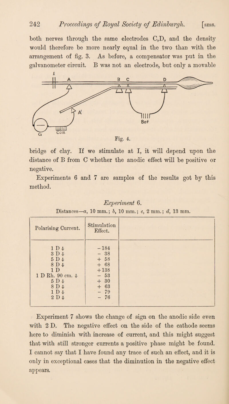 both nerves through the same electrodes C,D, and the density would therefore be more nearly equal in the two than with the arrangement of fig. 3. As before, a compensator was put in the galvanometer circuit. B was not an electrode, but only a movable i bridge of clay. If we stimulate at I, it will depend upon the distance of B from C whether the anodic effect will be positive or negative. Experiments 6 and 7 are samples of the results got by this method. Experiment 6. Distances—a, 10 mm.; b, 10 mm.; c, 2 mm.; d, 13 mm. Polarising Current. Stimulation Effect. 1 D l -184 3 D l - 38 5 D l + 58 8 D | + 68 1 D + 138 1 D Rh. 90 cm. 4 - 53 5 D 4 + 30 8 D 4 + 63 1 D l - 79 2 D l - 76 Experiment 7 shows the change of sign on the anodic side even with 2 D. The negative effect on the side of the cathode seems here to diminish with increase of current, and this might suggest that with still stronger currents a positive phase might be found. I cannot say that I have found any trace of such an effect, and it is only in exceptional cases that the diminution in the negative effect appears.