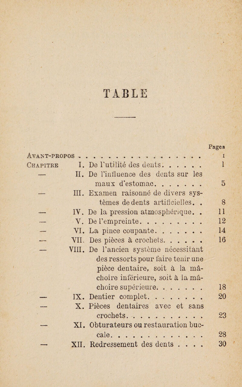 Pages Avant-propos.. i Chapitre I. De Futilité des dents. 1 — II. De l'influence des dents sur les maux d'estomae. 5 — III. Examen raisonné de divers sys¬ tèmes de dents artificielles. . 8 — IY. De la pression atmosphérique. . 11 — Y. De l’empreinte. 12 — VI. La pince coupante. .. 14 YII. Des pièces à crochets. 16 — VIII. De l’ancien système nécessitant des ressorts pour faire tenir une pièce dentaire, soit à la mâ¬ choire inférieure, soit à la mâ¬ choire supérieure. ...... 18 — IX. Dentier complet.. . 20 — X. Pièces dentaires avec et sans crochets.. 23 — XI. Obturateurs ou restauration buc¬ cale. 28 — XII. Redressement des dents .... 30