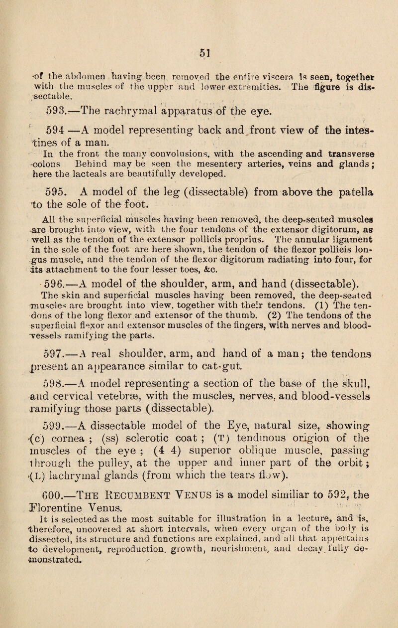 *of the abdomen having- been removed the entire viscera is seen, together with the muscles of the upper and lower extremities. The figure is dis¬ sectable. 593.-—The rachrymal apparatus of the eye. 594 —A model representing' back and front view of the intes¬ tines of a man. In the front the many convolusions, with the ascending and transverse ■colons Behind may be seen the mesentery arteries, veins and glands; here the lacteals are beautifully developed. 595. A model of the leg (dissectable) from above the patella to the sole of the foot. All the superficial muscles having been removed, the deep-seated muscles are brought into view, with the four tendons of the extensor digitorum, as well as the tendon of the extensor pollicis proprius. The annular ligament in the sole of the foot are here shown, the tendon of the flexor pollicis lon- gus muscle, and the tendon of the flexor digitorum radiating into four, for its attachment to the four lesser toes, &c. 596. —A model of the shoulder, arm, and hand (dissectable). The skin and superficial muscles having been removed, the deep-seated muscles are brought into view, together with their tendons. (1) The ten¬ dons of the long flexor and extensor of the thumb. (2) The tendons of the superficial flexor and extensor muscles of the fingers, with nerves and blood- wessels ramifying the parts. 597. —A real shoulder, arm, and hand of a man; the tendons present an appearance similar to cat-gut. 598. —A model representing a section of the base of the skull, and cervical vetebrse, with the muscles, nerves, and blood-vessels ramifying those parts (dissectable). 599. —A dissectable model of the Eye, natural size, showing ■(c) cornea ; (ss) sclerotic coat ; (T) tendinous origion of the muscles of the eye ; (4 4) superior oblique muscle, passing ihrouarh the pulley, at the upper and inner part of the orbit; •(L) lachrymal glands (from which the tears 11 jw). GOO.—The Recumbent Venus is a model similiar to 592, the Florentine Venus. It is selected as the most suitable for illustration in a lecture, and is, therefore, uncovered at short intervals, when every organ of the body is dissected, its structure and functions are explained, and all that appertains to development, reproduction, growth, nourishment, and decay fully de¬ monstrated. a