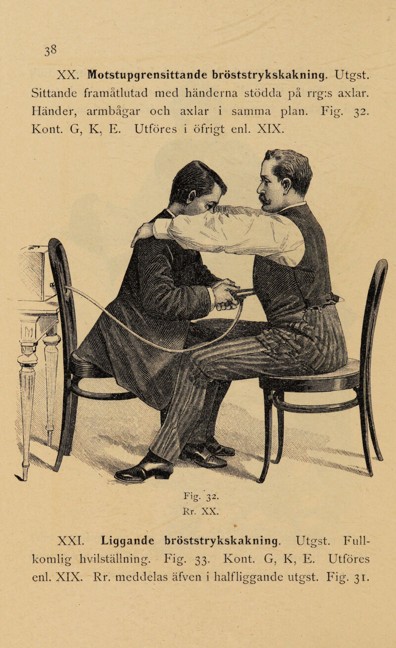 3§ XX. Motstupgrensittande bröststrykskakning. Utgst. Sittande framåtlutad med händerna stödda på rrg:s axlar. Händer, armbågar och axlar i samma plan. Fig. 32. Kont. G, K, E. Utföres i öfrigt enl. XIX. Rr, XX. XXL Liggande bröststrykskakning. Utgst. Full¬ komlig hvilställning. Fig. 33. Kont. G, K, E. Utföres