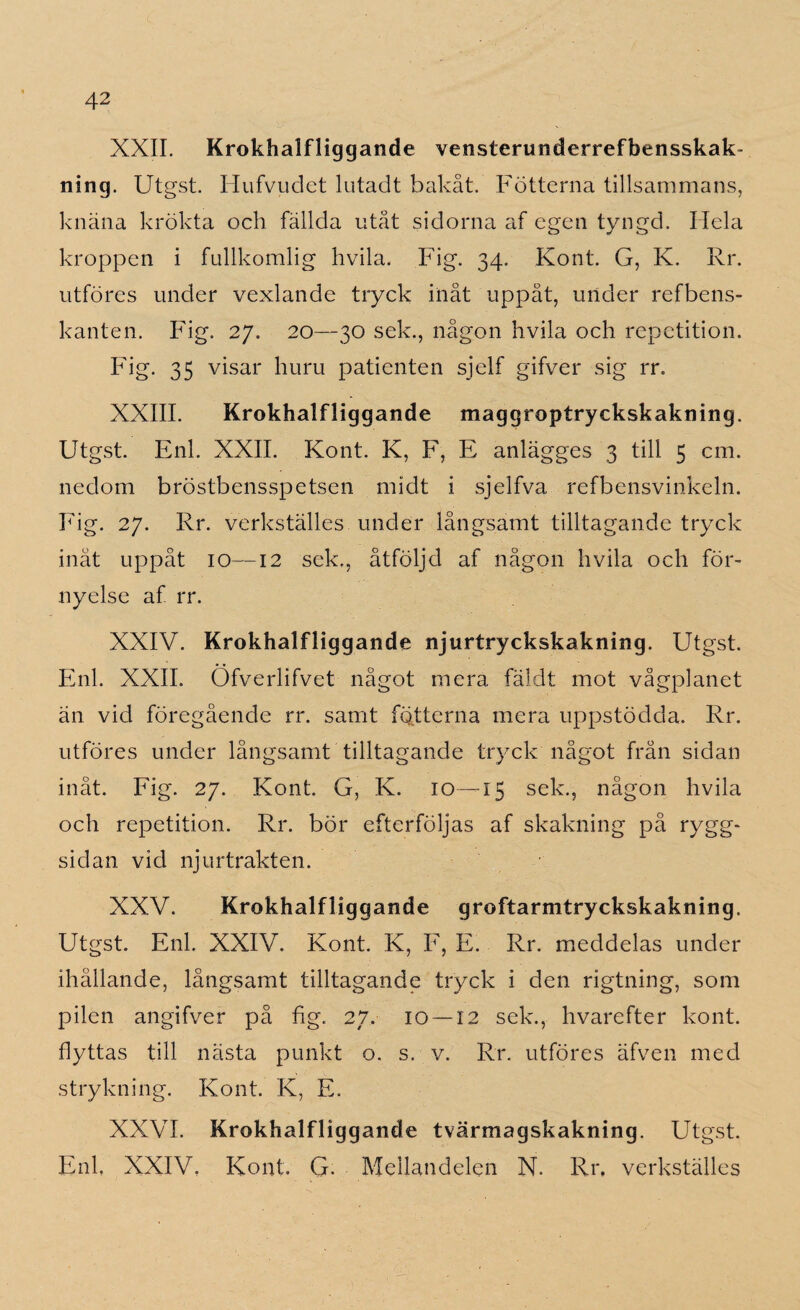 XXII. Krokhalfliggande vensferunderrefbensskak- ning. Utgst. Hufvudet lutadt bakåt. Fotterna tillsammans, knäna krökta och fällda utåt sidorna af egen tyngd. Ilcla kroppen i fullkomlig hvila. Fig. 34. Kont. G, K. Rr. utföres under vexlande tryck inåt uppåt, under refbens- kanten. Fig. 27. 20—30 sek., någon hvila och repetition. Fig. 35 visar huru patienten sjelf gifver sig rr. XXIII. Krokhalfliggande maggroptryckskakning. Utgst. Enl. XXII. Kont. K, F, E anlägges 3 till 5 cm. nedom bröstbensspetsen midt i sjelfva refbensvinkeln. Fig. 27. Rr. verkställes under långsamt tilltagandetryck inåt uppåt 10—12 sek., åtföljd af någon hvila och för¬ nyelse af rr. XXIV. Krokhalfliggande njurtryckskakning. Utgst. Enl. XXII. Öfverlifvet något mera fäldt mot vågplanet än vid föregående rr. samt fotterna mera uppstödda. Rr. utföres under långsamt tilltagande tryck något från sidan inåt. Fig. 27. Kont. G, K. 10—15 sek., någon hvila och repetition. Rr. bör efterföljas af skakning på rygg¬ sidan vid njurtrakten. XXV. Krokhalfliggande groftarmtryckskakning. Utgst. Enl. XXIV. Kont. K, F, E. Rr. meddelas under ihållande, långsamt tilltagande tryck i den rigtning, som pilen angifver på fig. 27. 10 — 12 sek., hvarefter kont. flyttas till nästa punkt o. s. v. Rr. utföres äfven med strykning. Kont. K, E. XXVI. Krokhalfliggande tvärmagskakning. Utgst. Enl. XXIV, Kont. G. Mellandelen N. Rr. verkställes