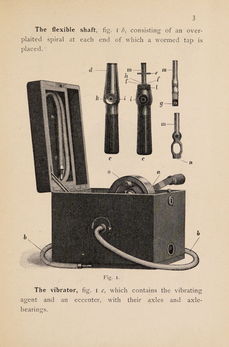 The flexible shaft, fig. i b, consisting of an over¬ plaited spiral at each end of which a wormed tap is placed. Fig. i. The vibrator, fig. i c, which contains the vibrating agent and an eccenter, with their axles and axle- bearings.