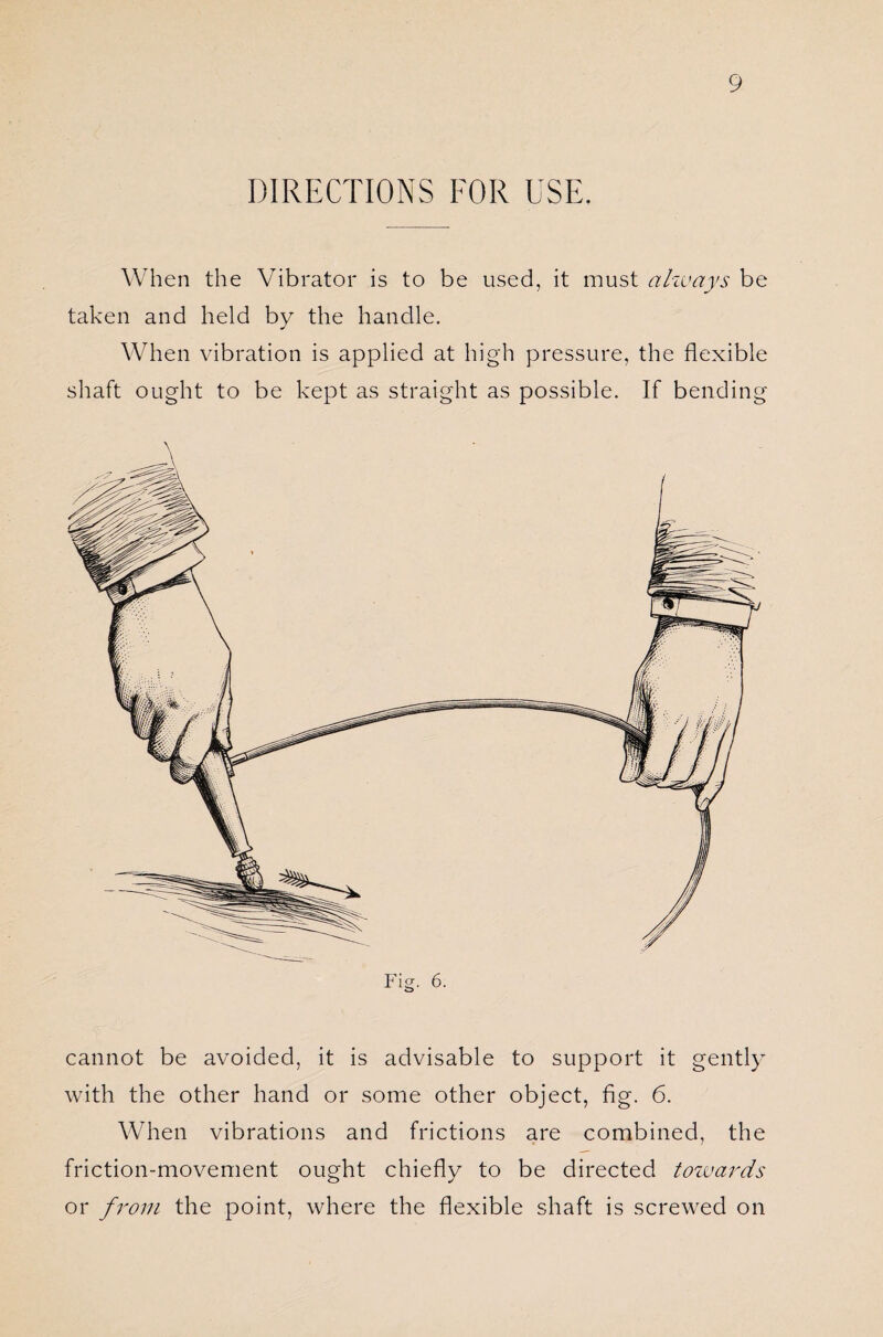 DIRECTIONS FOR USE. When the Vibrator is to be used, it must cihvays be taken and held by the handle. When vibration is applied at high pressure, the flexible shaft ought to be kept as straight as possible. If bending Fig. 6. cannot be avoided, it is advisable to support it gently with the other hand or some other object, fig. 6. When vibrations and frictions are combined, the friction-movement ought chiefly to be directed towards or from the point, where the flexible shaft is screwed on