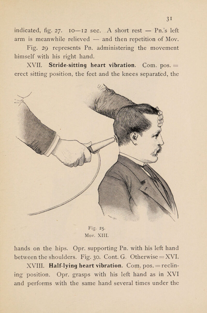 indicated, fig. 27. 10—12 sec. A short rest — Pn.’s left arm is meanwhile relieved — and then repetition of Mov. Fig. 29 represents Pn. administering the movement himself with his right hand. XVII. Stride-sitting heart vibration. Com. pos. = erect sitting position, the feet and the knees separated, the Fig- 25- Mov. XIII. hands on the hips. Opr. supporting Pn. with his left hand between the shoulders. Pig. 30. Cont. G, Otherwise = XVI. XVIII. Half-lying heart vibration. Com. pos. = reclin¬ ing position. Opr. grasps with his left hand as in XVI and performs with the same hand several times under the