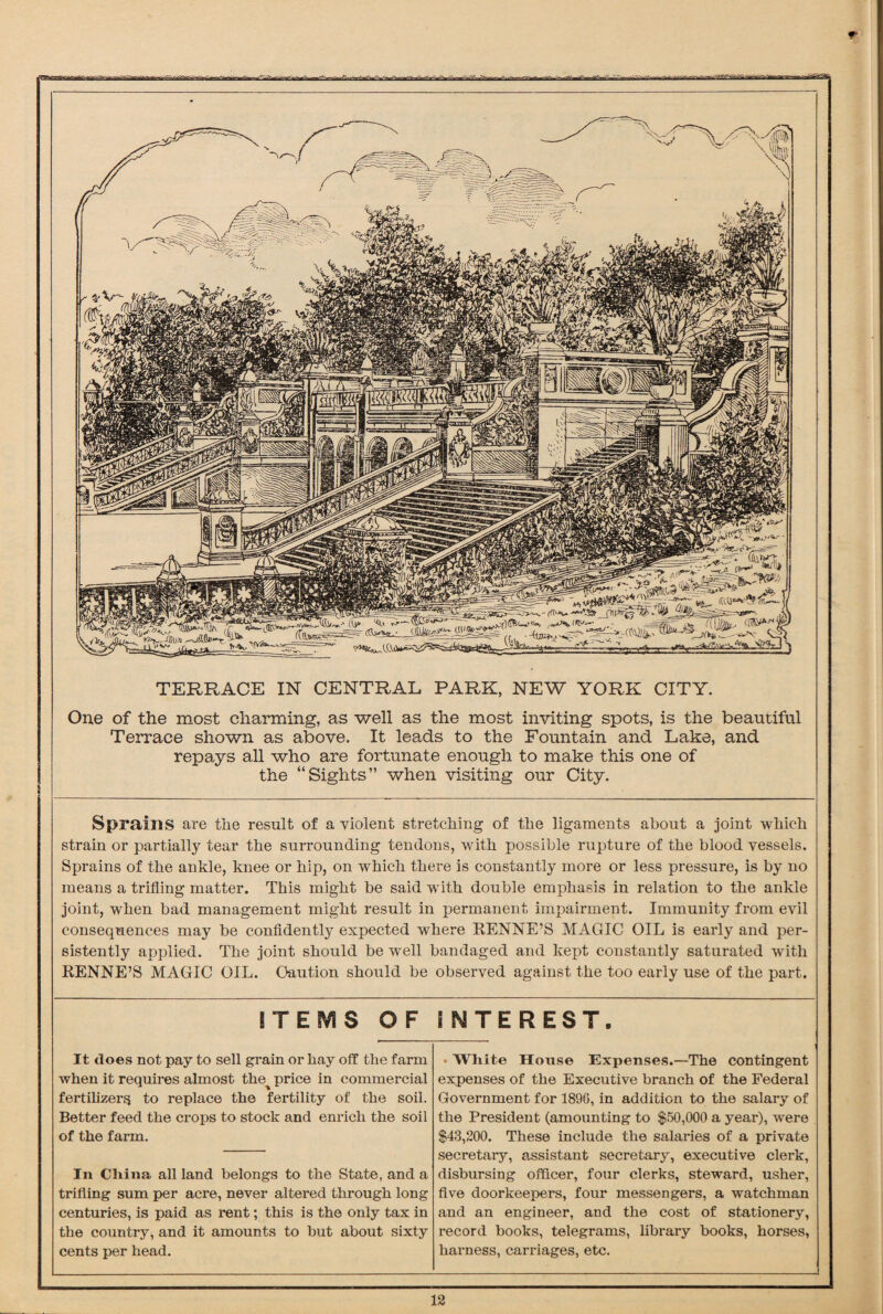 aaaBBiaaan •T^vwfc-wa-airat' ^-ar-nr—W-«ri« - h^i' —fTWr^Tui* --=' •--- w.-»-~-a^-' tn., --rAfi^Pr TERRACE IN CENTRAL PARK, NEW YORK CITY. One of the most charming, as well as the most inviting spots, is the beautiful Terrace shown as above. It leads to the Fountain and Lake, and repays all who are fortunate enough to make this one of the “Sights” when visiting our City. Sprains are the result of a violent stretching of the ligaments about a joint which strain or partially tear the surrounding tendons, with possible rupture of the blood vessels. Sprains of the ankle, knee or hip, on which there is constantly more or less pressure, is by no means a trifling matter. This might be said with double emphasis in relation to the ankle joint, when bad management might result in permanent impairment. Immunity from evil consequences may be confidently expected where RENNE’S MAGIC OIL is early and per¬ sistently applied. The joint should be well bandaged and kept constantly saturated with RENNE’S MAGIC OIL. Oaution should be observed against the too early use of the part. ITEMS OF It does not pay to sell grain or hay off the farm when it requires almost the^ price in commercial fertilizers to replace the fertility of the soil. Better feed the crops to stock and enrich the soil of the farm. In China all land belongs to the State, and a trifling sum per acre, never altered through long centuries, is paid as rent; this is the only tax in the country, and it amounts to but about sixty cents per head. INTEREST. • White House Expenses.—The contingent expenses of the Executive branch of the Federal Government for 1896, in addition to the salary of the President (amounting to $50,000 a year), were $43,200. These include the salaries of a private secretary, assistant secretary, executive clerk, disbursing officer, four clerks, steward, usher, five doorkeepers, four messengers, a watchman and an engineer, and the cost of stationery, record books, telegrams, library books, horses, harness, carriages, etc.