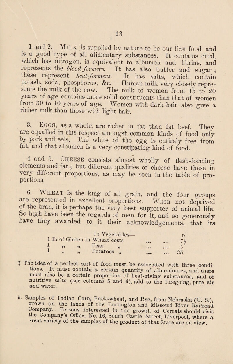 1 and 2. Mtlk is supplied by nature to be our first, food, and is a good type of all alimentary substances. It contains curd, cb lias nitrogen, is equivalent to albumen and fibrine, and represents the blood-formers. It has also butter and sugar ; these represent heat-formers. It has salts, which contain potash, soda, phosphorus, &c. Human milk very closely repre¬ sents the milk of the cow. The milk of women from 15 to 20 years of age contains more solid constituents than that of women from 30 to 40 years of age. Women with dark hair also give a richer milk than those with light hair. 3. EGGS, as a whole, are richer in fat than fat beef. They are equalled in this respect amongst common kinds of food only by pork and eels, the white of the egg is entirely free from fat, and that albumen is a very constipating kind of food. 4 and 5. CHEESE consists almost wholly of flesh-forming elements and fat; but different qualities of cheese have these in veiy different proportions, as may be seen in the table of pro¬ portions. 6. Wheat is the king of all grain, and the four groups are represented in excellent proportions. When not deprived of the bran, it is perhaps the very best supporter of animal life, bo high have been the regards of men for it, and so generously have they awarded to it their acknowledgements, that its In Vegetables— d. 1 lb of Gluten in Wheat costs ... ... 71 j ” >> Peas ,, ... ... 5 1 „ „ Potatoes „ . 35 t 1 be idea of a perfect sort of food must be associated with three condi¬ tions. It must contain a certain quantity of albuminates, and there must also be a certain proportion of heat-giving substances, and of nutritive salts (see columns 5 and 6), add to the foregoing, pure air and water. b. Samples of Indian Corn, Buck-wheat, and Rye, from Nebraska (U. S.), grown cn the lands of the Burlington and Missouri River Railroad Company. Persons interested in the growth of Cereals should visit the Company’s Office. No. 16, South Castle Street, Liverpool, where a rreat variety of the samples of the product of that State are on view.