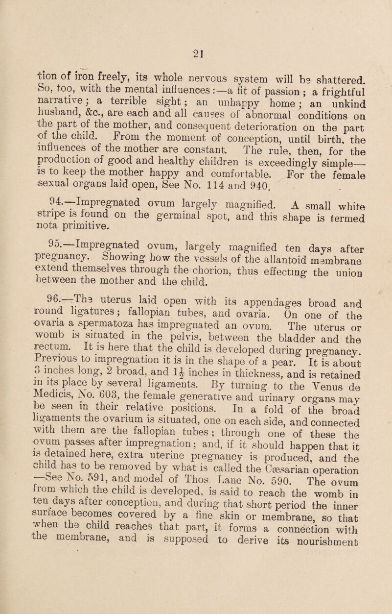 tion of iron freely, its whole nervous system will be shattered. So, too, with the mental influencesa fit of passion ; a frightful nairative j a terrible sight; an unhappy home \ an unkind husband, &c., are each and all causes of abnormal conditions on the part of the mother, and consequent deterioration on the part of the child. From the moment of conception, until birth, the influences of the mother are constant. The rule, then, for the production of good and healthy children is exceedingly simple_ is to keep the mother happy and comfortable. For the female sexual organs laid open, See No. 114 and 940. 94. —Impregnated ovum largely magnified. A small white stripe is found on the germinal spot, and this shape is termed nota primitive. 95. Impregnated ovum, largely magnified ten days after pregnancy. Showing how the vessels of the allantoid membrane extend themselves through the chorion, thus effecting the union between the mother and the child. ^6.—-The uterus laid open with its appendages broad and round ligatures; fallopian tubes, and ovaria. On one of the evaria a spermatoza has impregnated an ovum. The uterus or womb is situated in the pelvis, between the bladder and the rectum. It is heie that the child is developed during pregnancy. Previous to impregnation it is in the shape of a pear. It fs about o inches long, 2 broad, and 1J inches in thickness, and is retained m its place by several ligaments. By turning to the Venus de Medicis, ho. 6Qo, the female generative and urinary org’ans may be seen in their relative positions. In a fold of the broad ligaments the ovarium is situated, one on each side, and connected with them are the fallopian tubes ; through one of these the ovum passes after impregnation; and, if it should happen that it here5 extra uterine pregnancy is produced, and the child has to be removed by what is called the Caesarian operation —See bio. 591, and model of Thos. Lane No. 590. The ovum from which the child is developed, is said to reach the womb in ten days after conception, and during that short period the inner surface becomes covered by a fine skin or membrane, so that when the child reaches that part, it forms a connection with die membrane, and is supposed to derive its nourishment