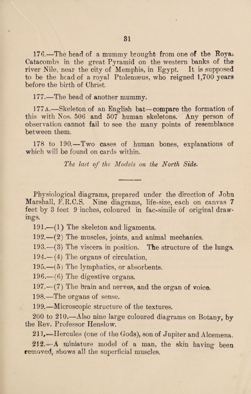 176. —The head of a mummy brought from one of the Royai Catacombs in the great Pyramid on the western banks of the river Nile, near the city of Memphis, in Egypt. It is supposed to be the head of a royal Ptolemmus, who reigned 1,700 years before the birth of Christ. 177. —The head of another mummy. 177a.—Skeleton of an English bat—compare the formation of this with Nos. 506 and 507 human skeletons. Any person of observation cannot fail to see the many points of resemblance between them. 178 to 190.—Two cases of human bones, explanations of which will be found on cards within. The last of the Models on the North Side. Physiological diagrams, prepared under the direction of John Marshall, F.R.C.S. Nine diagrams, life-size, each on canvas 7 feet by 3 feet 9 inches, coloured in fac-simile of original draw¬ ings. 191. —(1) The skeleton and ligaments. 192. —(2) The muscles, joints, and animal mechanics. 193. —(3) The viscera in position. The structure of the lungs. 194. — (4) The organs of circulation. 195. —(5) The lymphatics, or absorbents. 196. —(6) The digestive organs. 197. —(7) The brain and nerves, and the organ of voice. 198. —The organs of sense. 199. —Microscopic structure of the textures. 200 to 210.—Also nine large coloured diagrams on Botany, by the Rev. Professor Henslow. 211,—Hercules (one of the Gods), son of Jupiter and Alcemena. -A miniature model of a man, the skin having been removed, shows all the superficial muscles.
