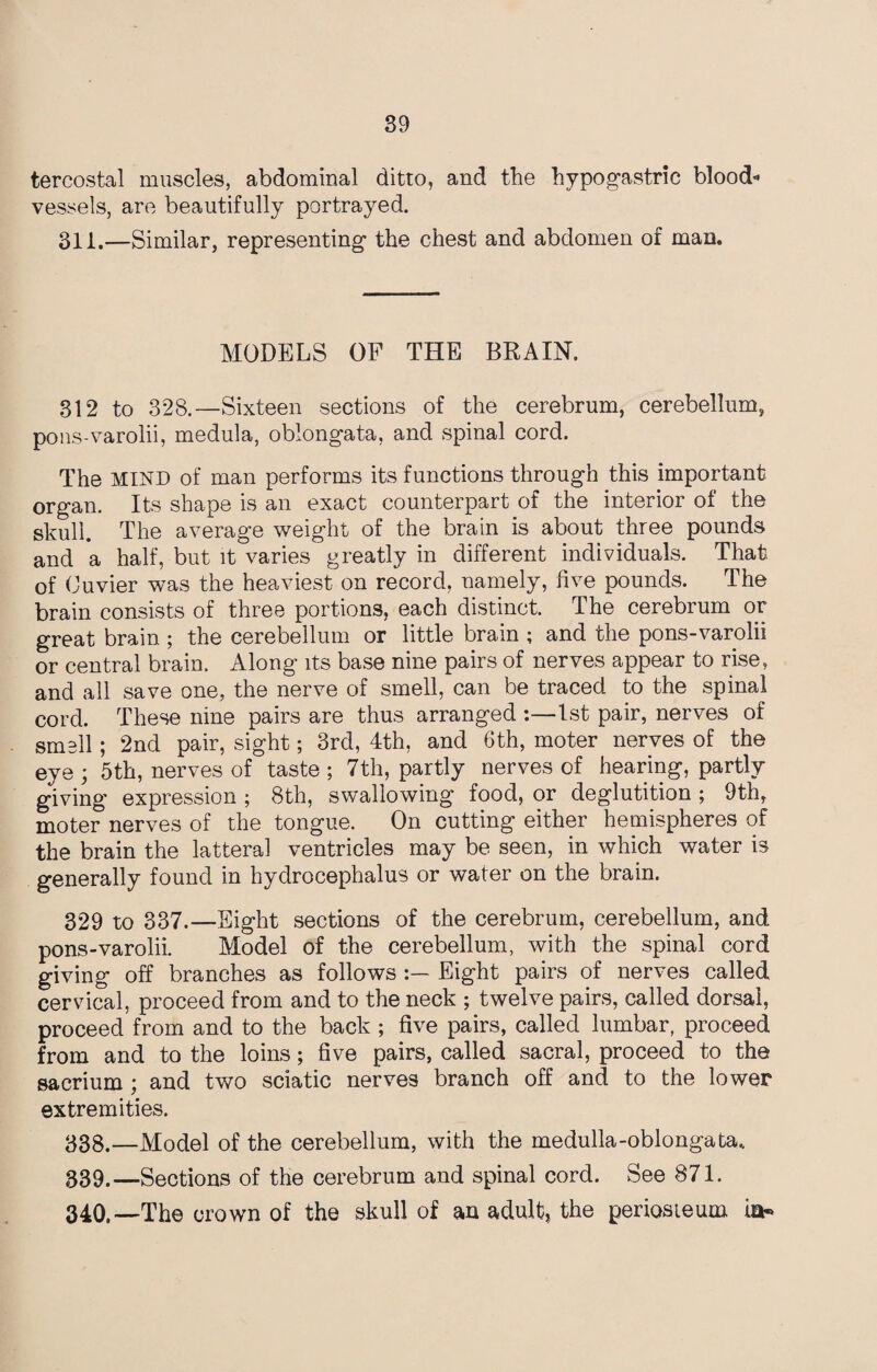 tercostal muscles, abdominal ditto, and the hypogastric blood- vessels, are beautifully portrayed. 311.—Similar, representing the chest and abdomen of man. MODELS OF THE BRAIN. 312 to 328.—Sixteen sections of the cerebrum, cerebellum, pons-varolii, medula, oblongata, and spinal cord. The MIND of man performs its functions through this important organ. Its shape is an exact counterpart of the interior of the skull. The average weight of the brain is about three pounds and a half, but it varies greatly in different individuals. That of Cuvier was the heaviest on record, namely, five pounds. The brain consists of three portions, each distinct. The cerebrum or great brain ; the cerebellum or little brain ; and the pons-varolii or central brain. Along its base nine pairs of nerves appear to rise, and all save one, the nerve of smell, can be traced to the spinal cord. These nine pairs are thus arranged :—1st pair, nerves of smell; 2nd pair, sight; 3rd, 4th, and 6th, moter nerves of the eye ; 5th, nerves of taste ; 7th, partly nerves of hearing, partly giving expression ; 8th, swallowing food, or deglutition ; 9th, moter nerves of the tongue. On cutting either hemispheres of the brain the latteral ventricles may be seen, in which water is generally found in hydrocephalus or water on the brain. 329 to 337.—Eight sections of the cerebrum, cerebellum, and pons-varolii. Model of the cerebellum, with the spinal cord giving off branches as follows Eight pairs of nerves called cervical, proceed from and to the neck ; twelve pairs, called dorsal, proceed from and to the back ; five pairs, called lumbar, proceed from and to the loins; five pairs, called sacral, proceed to the sacrium ; and two sciatic nerves branch off and to the lower extremities. 338. —Model of the cerebellum, with the medulla-oblongata., 339. —Sections of the cerebrum and spinal cord. See 871. 340. —The crown of the skull of an adult, the periosteum