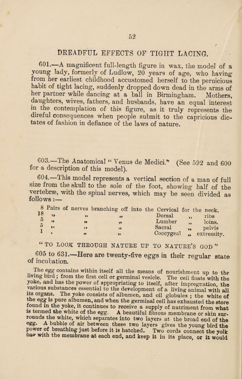 DREADFUL EFFECTS OF TIGHT LACING. 601.—A magnificent full-length figure in wax, the model of a young lady, formerly of Ludlow, 20 years of age, who having from her earliest childhood accustomed herself to the pernicious habit of tight lacing, suddenly dropped down dead in the arms of her partner while dancing at a ball in Birmingham. Mothers, daughters, wives, fathers, and husbands, have an equal interest in the contemplation of this figure, as it truly represents the direful consequences when people submit to the capricious dic¬ tates of fashion in defiance of the laws of nature. 603-—The Anatomical “ Venus de Medici.* (See 592 and 600 for a description of this model). . —This model represents a vertical section of a man of full size from the skull to the sole of the foot, showing half of the vertebrae, with the spinal nerves, which may be seen divided as follows :— is ^a^rS nerves branching off into the Cervical for the neck. 18 ’» »* »> Dorsal ,, ribs Lumber Sacral Coccygeal loins. pelvis extremity. *» “ TO LOOK THROUGH NATURE UP TO NATURE’S GOD ” 605 to 631.—Here are twenty-five eggs in their regular state of incubation. the egg contains within itself all the means of nourishment up to the living bird ; from the first cell or germinal vesicle. The cell floats with the yoke, and has the power of appropriating to itself, after impregnation, the various substances essential to the development of a living animal with all its organs. The yoke consists of albumen, and oil globules ; the white of the egg is pure albumen, and when the germinal cell has exhausted the store found in the yoke, it continues to receive a supply of nutriment from what is termed the white of the egg. A beautiful fibrous membrane or skin sur¬ rounds the white, which separates into two layers at the broad end of the egg. A bubble of air between these two layers gives the young bird the power of breathing just before it is hatched. Two cords connect the yolk baff with the membrane at each end, and keep it in its place, or it would