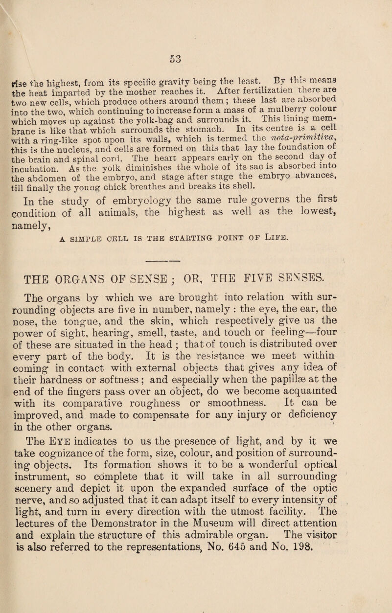 rise fche highest, from its specific gravity being the least. . By this mean3 the heat imparted by the mother reaches it. After fertilizatien there are two new cells, which produce others around them ; these last are absorbed into the two, which continuing to increase form a mass of a mulberry colour which moves up against the yolk-bag and surrounds it. This lining mem¬ brane is like that which surrounds the stomach. In its centre is a cell with a ring-like spot upon its walls, which is termed the nota-primitiva, this is the nucleus, and cells are foi'med on this that lay the foundation of the brain and spinal cord. The heart appears early on the second day of incubation. As the yolk diminishes the whole of its sac is absorbed into the abdomen of the embryo, and stage after stage the embryo abvances, till finally the young chick breathes and breaks its shell. In the study of embryology the same rule governs the first condition of all animals, the highest as well as the lowest, namely, A SIMPLE CELL IS THE STARTING POINT OP LIFE. THE ORGANS OF SENSE ; OR, THE FIVE SENSES. The organs by which we are brought into relation with sur¬ rounding objects are five in number, namely : the eye, the ear, the nose, the tongue, and the skin, which respectively give us the power of sight, hearing, smell, taste, and touch or feeling—four of these are situated in the head; that of touch is distributed over every part of the body. It is the resistance we meet within coming in contact with external objects that gives any idea of their hardness or softness; and especially when the papillae at the end of the fingers pass over an object, do we become acquainted with its comparative roughness or smoothness. It can be improved, and made to compensate for any injury or deficiency in the other organs. The Eye indicates to us the presence of light, and by it we take cognizance of the form, size, colour, and position of surround¬ ing objects. Its formation shows it to be a wonderful optical instrument, so complete that it will take in all surrounding scenery and depict it upon the expanded surface of the optic nerve, and so adjusted that it can adapt itself to every intensity of light, and turn in every direction with the utmost facility. The lectures of the Demonstrator in the Museum will direct attention and explain the structure of this admirable organ. The visitor is also referred to the representations, No. 645 and No. 198.