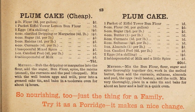 PLUM CAKE (Cheap). 1- lb. Flour (9d. per gallon). 1 Packet Eiffel Tower Lemon Bun Flour 2 Eggs (16 a shilling). 4-ozs. clarified Dripping or Margarine (6d. 4-ozs. Sugar (2d. per lb.) . 2- ozs. Raisins (4d. per lb.) . 4-ozs. Currants (4d. per lb.). 1 teaspoonful Mixed Spice. 1-oz. Candied Peel (4d. per lb.) . 3 tablespoonsful of Milk . ... Id. ... Id. ... 1 id. lb.) lid. ... id- ... id. ... Id. ... id. ... id. ... id. —7ld. Method.—Rub the dripping or margarine into the flour, add the sugar, Bun Flour, spice, the raisins (stoned), the currants and the peel (chopped). Mix with the well beaten eggs and milk, pour into a greased cake tin, and bake in a moderate oven for about 14 hours. PLUM CAKE. 1 Packet of Eiffel Tower Bun Flour . id. 8-ozs. Flour (9d. per gallon) ..|d- 5-ozs. Sugar (2id. per lb.) .§d. 4- oz3. Butter (1/- per lb.) . 3d. 5- ozs. Currants (5d. per lb.). id. 3-ozs. Sultanas (5id. per lb.).. id. 1-oz. Almonds.(1/-per lb.) .|d. 1-oz. Candied Peel (6d. per lb.) . id. 2 Eggs (16 a shilling).lid. 2 tablespoonsful of Milk and a little Spice ... id. lOid. Method.—Mix the Bun Flour, flour, sugar and spice thoroughly together dry, work in the melted butter, then add the currants, sultanas, almonds and peel, the eggs (well beaten), and the milk. Mix very thoroughly, place in a cake tin and bake for about an hour and a half in a quick oven. So nourishing, too—just the thing for a Family. Try it as a Porridge—it makes a nice change.