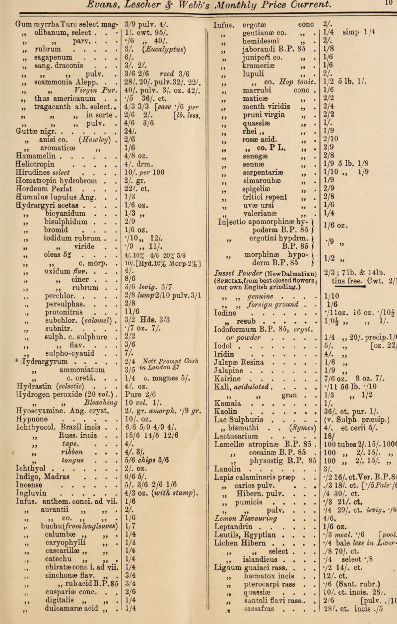 Gum myrrhaTurc select mag* ,, olibanum, select . . • j, pary, . . « » »» >» »» tt tt a it t> it tt rubrum 8agapenum . . . . sang, draconis . . . „ „ pulv. . 8cammonia Alepp. . . „ Virgin Pur. thus americanum . . tragacantb alb. select.. „ „ in sorte . . » » P^lv. . Guttae nigr. „ anisi co. {Hawley) . ,, aromatic ae Hamamelin . Heliotropin . . . Hirudines select . . Homatropin bvdrobrom Hordeum Perlat . . Humulus lupulus Ang. Hydrargyri acetas . . >> tt a tt » tt tt t> tt tt > t » a it bicyanidum bisulphidum . bromid iodidum rubrum „ viride oleas 5% „ c. morp oxidum /lav. . „ ciner . ,, rubrum perchlor. . persulphas. . protonitras subcblor. (calomel) . subnitr sulpb. c. sulphure ,, flav. sulpho-cyanid * Hydrargyrum . . . „ ammoniatum „ c. creta. Hydrastin {eclectic) Hydrogen peroxide (20 vol.) . „ „ Bleaching Hyoscyamine. Ang. cryst. Hypnone .... lchthyocol. Brazil incis Russ, incis tape, ribbon tongue Ichthyol. Indigo, Madras . . Incense .... Ingluvin .... Infus. anthem, conci. ad vii. aurantii tt co> buch u (from longleavcs) calumbae ,, caryophylli cascarillae ,, catechu ,, ,, . chirataeconc i. ad vii. cinchonae flav. ,, . ,, rub acidB.P.85 cuspariae cone. . . digitalis „ ,, . dulcamaras acid >5 yy yy yy yy yy yy yy yy y y yy yy yy * y yy yy yy yy yy yy yy 1/. cwt. 95/. ,, gentianae co. ,, . 76 „ 40/. „ hemidesmi „ . 3/. {Eucalyptus) „ jaborandi B.P. 85 . 6/. „ junipefi co. „ . 3/. 2/. ,, krameriae ,, . 3/6 2/6 3/6 „ lupuli ,, . 28/. 20/. pulv.32/. 22/. ,, ,, co. Hop tonic. 40/. pulv. 3/. oz. 42/. ,, marrubi cone . 75 36/. ct. ,, maticae ,, . 4/3 3/3 [ease 76 „ menth viridis „ . 2/6 2/. [/5. /ess. ,, pruni virgin „ . 4/6 3/6 ,, quassiae ,, . 24/. tt rhei,, ,, • 2/6 ,, rosae acid. ,, . 1/6 tt tt c®* PL* >> • 4/8 oz. „ senegae „ . 4/. drm. „ sennae ,, . 10/. per 100 ,, serpentariae ,, . 2/. gr. ,, simaroubae „ . 22/. ct. „ spigeliae „ . 1/3 ,, tritici repent ,, . 1/6 oz. ,, uvae ursi „ . 1/3 „ „ yalerianae ,, . 2/9 Injectio apomorphinae hy- \ 1/6 oz. poderm B.P. 85 J 710„ 12/. ,, ergotini hvpdrm. 1 •/9 „ n/. B.P. 85 / 4/. 10% 4/6 20% 5/6 „ morphinae hypo- \ 10/.[Hyd.lC% Morp.2%] derm B.P. 85 j 4/- Insect Powder (NewDalmatian) 8/6 (Special,from best closed flowers; 3/6 levig. 3/7 our own English grinding.) 2/8 Iump2jl0 pulv.3/1 ,, ,, genuine .... 2/8 ,, ,, foreign ground . . 11/6 Iodine . 3/2 Hds. 3/3 „ resub. 77 oz. 7/. Iodoformum B.P. 85, cryst. 2/2 or powder. 3/6 Xodol »••••«•«' 7/* Iridin . 2/4 .Nett Prompt Cash Jalapae Resina ...... in London £7 J alapine. 1/4 c. magnes 5/. Kairine. 4/. oz. Kali, acidulated..... Pure 2/6 „ „ gran . . 10 w/. 1/. Kamala. 2/. gr. amorph. ‘/9 gr. Kaolin ... .... 10/. oz. Lac Sulphuris. 6/6 5/9 4/9 4/. „ bismuthi . . (Symes) 15/6 14/6 12/6 Lactucarium. 4/* Lamellae atropinae B.P. 85 . 4/. 3/. ,, cocainae B. P. 85 . 5/6 cAii>s 3/6 ,, physostig B.P. 85 2/. oz. Lanolin. 6/6 5/. Lapis calaminaris praep . . 5/. 3/6 2/6 1/6 ,, carios pulv. . . . 4/3 oz. {with stamp). „ Hibern. pulv. . . . 1/6 ,, pumicis. 2/. „ „ pulv. . . . 1/6 Lemon Flavouring . . . 1/7 Leptandrin. 1/4 Lentils, Egyptian .... 1/4 Lichen Hibern. 1/4 ,, „ select . . . 1/4 ,, islandicus .... 1/4 Lignum guaiaci rass. . . . 3/4 ,, haematox incis . . 3/4 „ pterocarpi rass . . 2/6 „ quassiae .... 1/4 „ santali flavi rass.. . 1/4 :v sassafras .... 2/* 1/4 simp 1 / 4 2/* 1/8 1/6 1/6 2'. 1/2 5 lb. 1/. 1/6 2/2 2/4 2/2 V* 1/9 2/10 2/9 2/8 1/9 5 lb. 1/8 1/10 „ 1/9 1/9 2/9 2/8 1/6 1/4 1/6 oz. */9 tt 1/2 „ 2/3; 71b. & 141b. tins free. Cwt, 2/1 1/10 1/6 */lloz. 16 oz. ’/10h 1/0* „ „ !/•  1/4 ,, 20/. precip.l/( 5/. ,, [oz. 22/ 4A „ 1/6 „ 1/9 „ 7/6 oz. 8 oz. 7/. */l 1 56 lb. */10 1/3 „ 1/2 1/* 36/. ct. pur. 1/. (v. Sulph. praecip.) 4/. et cerii 5/. !8/ 100 tubes 2/. 15/. 100( 100 „ 2/. 15/. 3/ 100 ” 2/. 15/. „ yy /2 16/. ct.Ver. B.P.8/ ,/3 18/. ct. [’/oPale’/i /4 30/. ct. •/3 21/. ct. •/4 29/. ct. levig. 76 4/6. 1/6 oz. ‘/3 meal. ’/6 [pool. •/4 bale /ess in liver- ./8 70/. ct. 74 select 78 y2 14/. ct. 12/. ct. 76 (Sant, rubr.) 10/. ct. incis. 28/. 2/6 [pulv. ./ 1C 28/. ct. incis .15