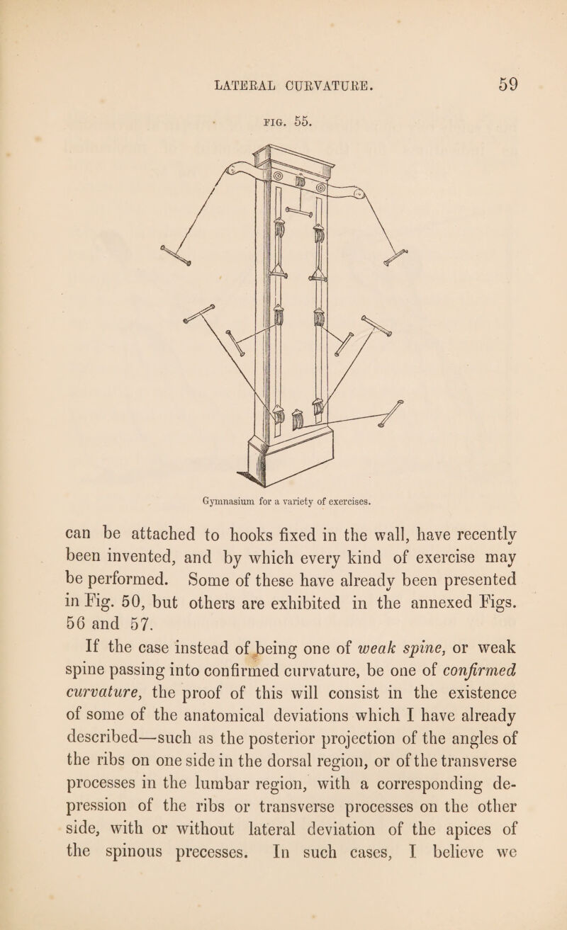 pig. 55. Gymnasium for a variety of exercises. can be attached to hooks fixed in the wall, have reeentlv been invented, and by which every kind of exercise may be performed. Some of these have already been presented in Fig. 50, but others are exhibited in the annexed Figs. 56 and 57. If the case instead of being one of weak spine, or weak spine passing into confirmed curvature, be one of confirmed curvature, the proof of this will consist in the existence of some of the anatomical deviations which I have already described—such as the posterior projection of the angles of the ribs on one side in the dorsal region, or of the transverse processes in the lumbar region, with a corresponding de¬ pression of the ribs or transverse processes on the other side, with or without lateral deviation of the apices of the spinous precesses. In such cases, I believe we