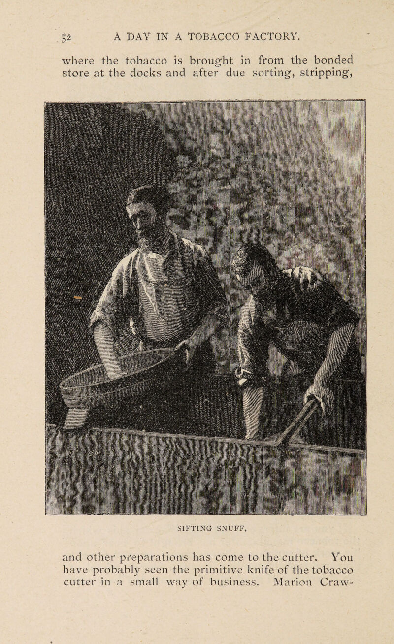 where the tobacco is brought in from the bonded store at the docks and after due sorting) stripping, SIFTING SNUFF. and other preparations has come to the cutter. You have probably seen the primitive knife of the tobacco cutter in a small way of business. Marion Craw-