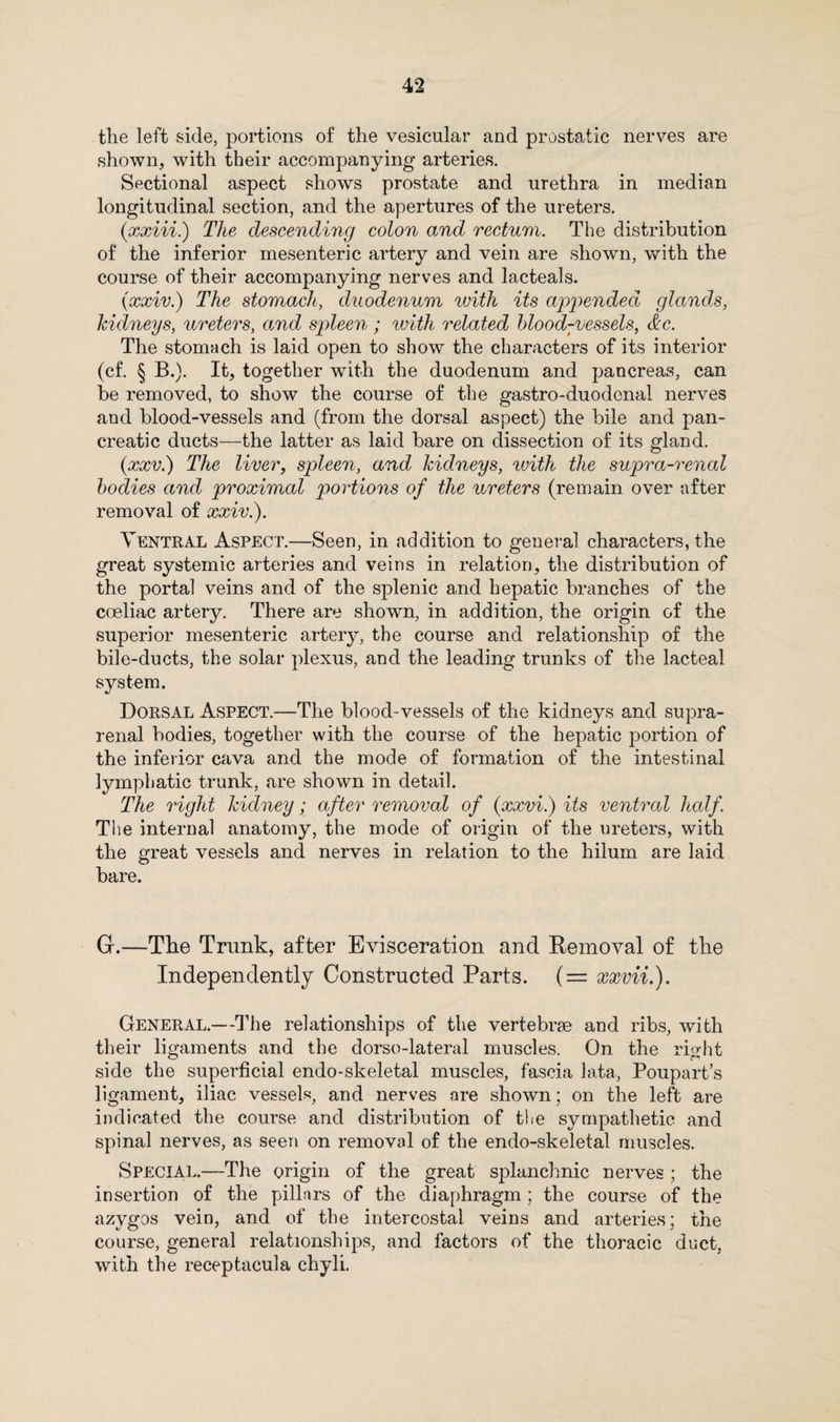 the left side, portions of the vesicular and prostatic nerves are shown, with their accompanying arteries. Sectional aspect shows prostate and urethra in median longitudinal section, and the apertures of the ureters. (xxiii.) The descending colon and rectum. The distribution of the inferior mesenteric artery and vein are shown, with the course of their accompanying nerves and lacteals. (xxiv.) The stomach, duodenum with its appended glands, kidneys, ureters, and spleen; ivith related blood-vessels, &c. The stomach is laid open to show the characters of its interior (cf. § B.). It, together with the duodenum and pancreas, can be removed, to show the course of the gastro-duodenal nerves and blood-vessels and (from the dorsal aspect) the bile and pan¬ creatic ducts—the latter as laid bare on dissection of its gland. (xxv.) The liver, spleen, and kidneys, with the supra-renal bodies and proximal portions of the ureters (remain over after removal of xxiv.). Ventral Aspect.—Seen, in addition to general characters, the great systemic arteries and veins in relation, the distribution of the portal veins and of the splenic and hepatic branches of the coeliac artery. There are shown, in addition, the origin of the superior mesenteric artery, the course and relationship of the bile-ducts, the solar plexus, and the leading trunks of the lacteal system. Dorsal Aspect.—The blood-vessels of the kidneys and supra¬ renal bodies, together with the course of the hepatic portion of the inferior cava and the mode of formation of the intestinal lymphatic trunk, are shown in detail. The right kidney; after removal of (xxvi.) its ventral half. The internal anatomy, the mode of origin of the ureters, with the great vessels and nerves in relation to the hilum are laid bare. G.—The Trunk, after Evisceration and Removal of the Independently Constructed Parts. ( = xxvii.). General.—The relationships of the vertebrae and ribs, with their ligaments and the dorso-lateral muscles. On the right side the superficial endo-skeletal muscles, fascia lata, Poupart’s ligament, iliac vessels, and nerves are shown; on the left are indicated the course and distribution of the sympathetic and spinal nerves, as seen on removal of the endo-skeletal muscles. Special.—The origin of the great splanchnic nerves ; the insertion of the pillars of the diaphragm ; the course of the azygos vein, and of the intercostal veins and arteries; the course, general relationships, and factors of the thoracic duct, with the receptacula chyli.