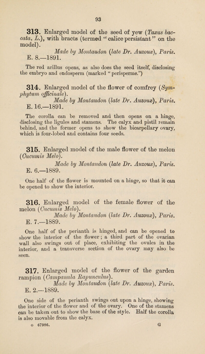 313. Enlarged model of tlie seed of yew (Taxus bac- Gata, L.), with bracts (termed “ calice persistant99 on the model). Made by Montaudon (late Dr. Auzoux), Paris. E. 8.—1891. The red arillus opens, as also does the seed itself, disclosing the embryo and endosperm (marked “ perisperme.”) 314. Enlarged model of the flower of comfrey (Sym¬ phytum officinale). Made by Montaudon (late Dr. Auzoux), Paris. E. 16.—1891. The corolla can be removed and then opens on a hinge, disclosing the lignles and stamens. The calyx and pistil remain behind, and the former opens to show the bicarpellary ovary, which is four-lobed and contains four seeds. 315. Enlarged model of the male flower of the melon (Gucumis Melo). Made by Montaudon (late Dr. Auzoux), Paris. E. 6.—1889. One half of the flower is mounted on a hinge, so that it can be opened to show the interior. 316. Enlarged model of the female flower of the melon (Gucumis Melo). Made by Montaudon (late Dr. Auzoux), Paris. E. 7.—1889. One half of the perianth is hinged, and can be opened to show the interior of the flower; a third part of the ovarian wall also swings out of place, exhibiting the ovules in the interior, and a transverse section of the ovary may also be seen. 317. Enlarged model of the flower of the garden rampion (Campanula Papunculus). Made by Montaudon (late Dr. Auzoux), Paris. E. 2.—1889. One side of the perianth swings out upon a hinge, showing the interior of the flower and of the ovary. One of the stamens can be taken out to show the base of the style. Half the corolla is also movable from the calyx. o 67986. G