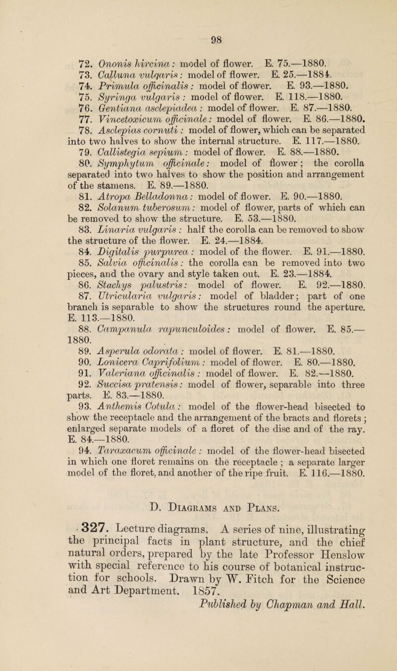 72. Ononis hircina; model of flower. E. 75.—1880. 73. Calluna vnlqaris: model of flower. E. 25.—1884, 74. Primula officinalis : model of flower. E. 93.—1880. 75. By ring a vulgaris : model of flower. E. 118.—1880. 76. Oentiana asclepiadea : model of flower. E. 87.—1880. 77. Vincetoxicum officinale: model of flower. E. 86.—1880. 78. Asclepias cornuti : model of flower, which can be separated into two halves to show the internal structure. E. 117.—1880. 79. Callistegia sepium : model of flower. E. 88.—1880. 80. Symphytum officinale: model of flower; the corolla separated into two halves to show the position and arrangement of the stamens. E. 89.—1880. 81. Atropa Belladonna: model of flower. E. 90.—1880. 82. Solanum tuberosum: model of flower, parts of which can be removed to show the structure. E. 53.—1880. 83. Linaria vulgaris : half the corolla can be removed to show the structure of the flower. E. 24.—1884. 84. Digitalis purpurea : model of the flower. E. 91.—1880. 85. Salvia officinalis: the corolla can be removed into two pieces, and the ovary and style taken out. E. 23.—1884. 86. Stachys palustris: model of flower. E. 92.—1880, 87. TJtricularia vulgaris: model of bladder; part of one branch is separable to show the structures round the aperture. E. 113.—1880. 88. Campanula rapunculoides : model of flower. E. 85.— 1880. 89. Asperula odorata : model of flower. E. 81.—1880. 90. Lonicera Caprifolium : model of flower. E. 80.—1880. 91. Valeriana officinalis : model of flower. E. 82.—1880. 92. Succisa pratensis: model of flower, separable into three parts. E. 83.—1880. 93. Anthemis Cotula: model of the flower-head bisected to show the receptacle and the arrangement of the bracts and florets ; enlarged separate models of a floret of the disc and of the ray. E. 84.—1880. 94. Taraxacum officinale : model of the flower-head bisected in which one floret remains on the receptacle ; a separate larger model of the floret, and another of the ripe fruit. E. 116.—1880. D. Diagrams and Plans. • 327. Lecture diagrams0 A series of nine, illustrating the principal facts in plant structure, and the chief natural orders, prepared by the late Professor Henslow with special reference to his course of botanical instruc¬ tion for schools. Drawn by W. Fitch for the Science and Art Department. 1857. Published by Chapman and Hall.