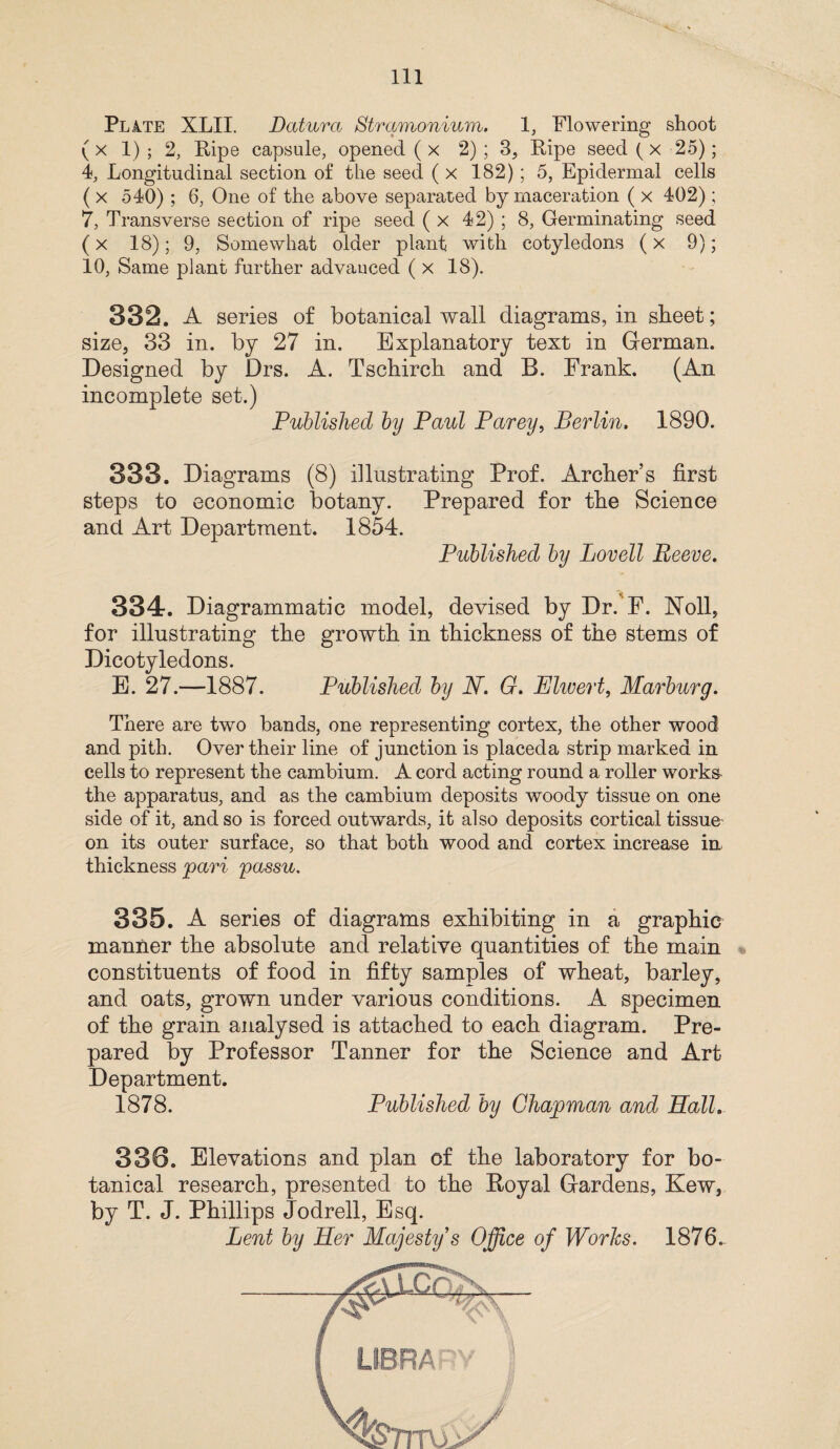 Plite XLII. Batura Stramonium. 1, Flowering shoot (x 1) ; 2, Ripe capsule, opened (x 2) ; 3, Ripe seed (x 25); 4, Longitudinal section of the seed ( x 182); 5, Epidermal cells ( x 540) ; 6, One of the above separated by maceration ( x 402); 7, Transverse section of ripe seed ( x 42) ; 8, Germinating seed (x 18); 9, Somewhat older plant with cotyledons (x 9); 10, Same plant further advanced ( x 18). 332. A series of botanical wall diagrams, in sheet; size, 33 in. by 27 in. Explanatory text in German. Designed by Drs. A. Tschirch and B. Frank. (An incomplete set.) Published by Paul Parey, Berlin. 1890. 333. Diagrams (8) illustrating Prof. Archer’s first steps to economic botany. Prepared for the Science and Art Department. 1854. Published by Lovell Peeve. 334-. Diagrammatic model, devised by Dr. F. Noll, for illustrating the growth in thickness of the stems of Dicotyledons. E. 27.—1887. Published by N. G. Elwert, Marburg. There are two bands, one representing cortex, the other wood and pith. Over their line of junction is placeda strip marked in cells to represent the cambium. A cord acting round a roller works- the apparatus, and as the cambium deposits woody tissue on one side of it, and so is forced outwards, it also deposits cortical tissue on its outer surface, so that both wood and cortex increase in thickness pari passu. 335. A series of diagrams exhibiting in a graphic manner the absolute and relative quantities of the main constituents of food in fifty samples of wheat, barley, and oats, grown under various conditions. A specimen of the grain analysed is attached to each diagram. Pre¬ pared by Professor Tanner for the Science and Art Department. 1878. Published by Chapman and Hall. 330. Elevations and plan of the laboratory for bo¬ tanical research, presented to the Royal Gardens, Kew, by T. J. Phillips Jodrell, Esq. Lent by Her Majesty's Office of Works. 1876..