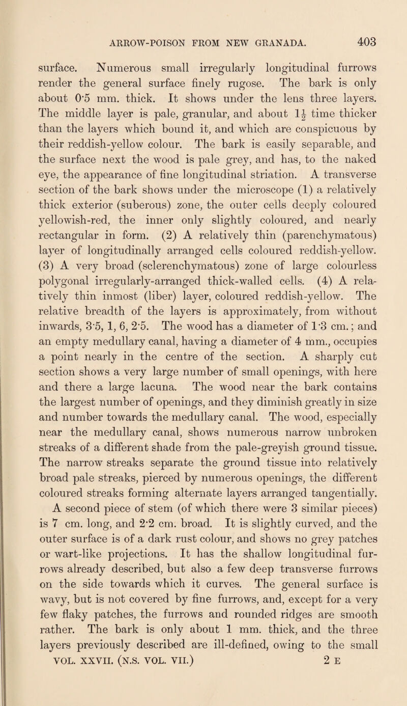 surface. Numerous small irregularly longitudinal furrows render the general surface finely rugose. The hark is only about 0‘5 mm. thick. It shows under the lens three layers. The middle layer is pale, granular, and about 1J time thicker than the layers which bound it, and which are conspicuous by their reddish-yellow colour. The bark is easily separable, and the surface next the wood is pale grey, and has, to the naked eye, the appearance of fine longitudinal striation. A transverse section of the bark shows under the microscope (1) a relatively thick exterior (suberous) zone, the outer cells deeply coloured yellowish-red, the inner only slightly coloured, and nearly rectangular in form. (2) A relatively thin (parenchymatous) layer of longitudinally arranged cells coloured reddish-yellow. (3) A very broad (sclerenchymatous) zone of large colourless polygonal irregularly-arranged thick-walled cells. (4) A rela¬ tively thin inmost (liber) layer, coloured reddish-yellow. The relative breadth of the layers is approximately, from without inwards, 3*5, 1, 6, 2*5. The wood has a diameter of 1*3 cm.; and an empty medullary canal, having a diameter of 4 mm., occupies a point nearly in the centre of the section. A sharply cub section shows a very large number of small openings, with here and there a large lacuna. The wood near the bark contains the largest number of openings, and they diminish greatly in size and number towards the medullary canal. The wood, especially near the medullary canal, shows numerous narrow unbroken streaks of a different shade from the pale-greyish ground tissue. The narrow streaks separate the ground tissue into relatively broad pale streaks, pierced by numerous openings, the different coloured streaks forming alternate layers arranged tangentially. A second piece of stem (of which there were 3 similar pieces) is 7 cm. long, and 2*2 cm. broad. It is slightly curved, and the outer surface is of a dark rust colour, and shows no grey patches or wart-like projections. It has the shallow longitudinal far¬ rows already described, but also a few deep transverse furrows on the side towards which it curves. The general surface is wavy, but is not covered by fine furrows, and, except for a very few flaky patches, the furrows and rounded ridges are smooth rather. The bark is only about 1 mm. thick, and the three layers previously described are ill-defined, owing to the small VOL. XXVII. (N.S. VOL. VII.) 2 E