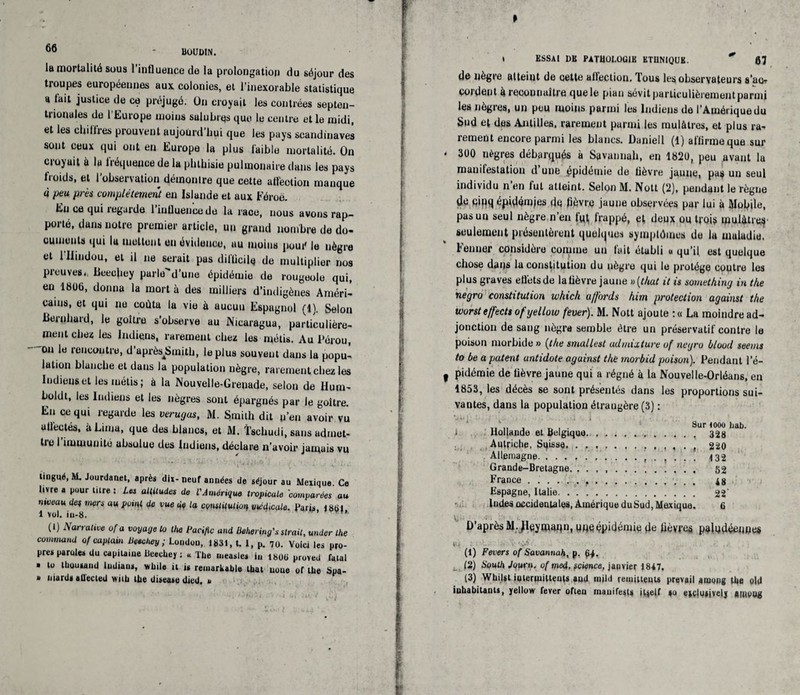 UuUDIN. la mortalité sous l’influence de la prolongation du séjour des troupes européennes aux colonies, et l’inexorable statistique a lait justice de ce préjugé. On eroyuit les contrées septen¬ trionales de l’Europe moins sulubrqs que le centre et le midi, et les chiffres prouvent aujourd’hui que les pays Scandinaves sont ceux qui ont en Europe la plus faible mortalité. On croyait à la fréquence de la phthisie pulmonaire dans les pays froids, et l'observation démontre que cette affection manque à peu près complètement en Islande et aux Féroé. Eu ce qui îegaide liuüuencedo la race, nous avons rap¬ porté, dans notre premier article, un grand nombre de do¬ cuments qui lu mettent en évidence, au moins pour le nègre et l'IIindou, et il ne serait pas dilhcile de multiplier nos preuves, Beecfiey parle'd'une épidémie de rougeole qui, en 1806, donna la mort à des milliers d’indigènes Améri¬ cains, et qui ne coûta la vie à aucun Espagnol (1). Selon Bernhard, le goitre s’observe au Nicaragua, particulière¬ ment chez les Indiens, rarement chez les métis. Au Pérou, - On le rencontre, d’aprèsSmith, le plus souvent dans la popu¬ lation blanche et dans la population nègre, rarement chez les Indiens et les métis; à la Nouvelle-Grenade, selon de Hum- boldt, les Indiens et les nègres sont épargnés par le goitre. En ce qui regarde les verugas, M. Smith dit n’en avoir vu affectés, à Lima, que des blancs, et M. Tschudi, sans admet¬ tre I immunité absolue des Indiens, déclare n’avoir jamais vu tingué, M. Jourilanet, après dix- neuf années de séjour au Mexique Ce livre a pour tilre : Lu altitudes de l'Amérique tropicale 'comparées au niveau des mers au point de vue de la cçnsiüutioq vuidtcale. Paris, JStji 1 vo). iu-8. (1) Narrative of a voyage to the Pacific and behering's strait, under lhe command of capiain beechey; LomJou, 1831, t. I, p. 70. Voici les pro¬ pres paroies du capitaine Heechey : « The measles iu 1806 proved fatal » lo ttiouxuiid ludiaus, wbile il ù remarkabie tbat noue of lhe Spa- » niardë allecled witb ibe diseuse (lied, u » ESSAI DK PATHOLOGIE ETHNIQUE. * 67 de nègre atteint de cette affection. Tous les observateurs sW cordent à reconnaître que le pian sévit particulièrement parmi les nègres, un pou moins parmi les Indiens de l’Amérique du Sud et des Aaitilles, rarement parmi les mulâtres, et plus ra¬ rement encore parmi les blancs. Üaniell (1) affirme que sur 300 nègres débarqués à Savannah, en 1820, peu avant la manifestation d une épidémie de lièvre jaune, pas un seul individu n’en fut atteint. Selon M. Nott (2), pendant le règne de fiiqq épidémjes dq fièvre jaune observées par lui à Mobile, pas un seul nègre n’en ffit, frappé, et deux ou trois mulâtre^ seulement présentèrent quelques symptômes de la maladie. Fenner considère comme un fait établi u qu’il est quelque chose dans la constitution du nègre qui le protège coutre les plus graves effets de la lièvre jaune « (that it is something in the negro constitution which a/fords him protection against the tvorst effect» ofyellow fever). M. Nott ajoute : « La moindre ad¬ jonction de sang nègre semble être un préservatif contre le poison morbide » (the smallest ad mixture of negro blood seems to be a patent antidote against the morbid poison). Pendant l’é¬ pidémie de lièvre jaune qui a régné à la Nouvelle-Orléans, en 1853, les décès se sont présentés dans les proportions sui¬ vantes, dans la population étrangère (3) : ' „ , ^ . Sur 1000 hab. i Hollande el Belgique.. 32g Autriche, Suisse.. 220 Allemagne.. 132 Grande-Bretagne. . . . ... 52 France.... 48 Espagne, Italie. .. 22' lmies occidentales, Amérique duSud, Mexique. (i D’aprèsM. jlqymann.uneépidémie de fièvres paludéennes 1 ■ ■ ’y^ • (1) Fevers of Savannah, p. (2) South Jqurn. ofmed. science, janvier 1847. (3) Whilst iuieruiilieuts autl un11 remiueuis prevail aiuong Ibe old iubabitanli, yelluw fever ofieu annifejis iljelf nu eiçluijveiy Allinug